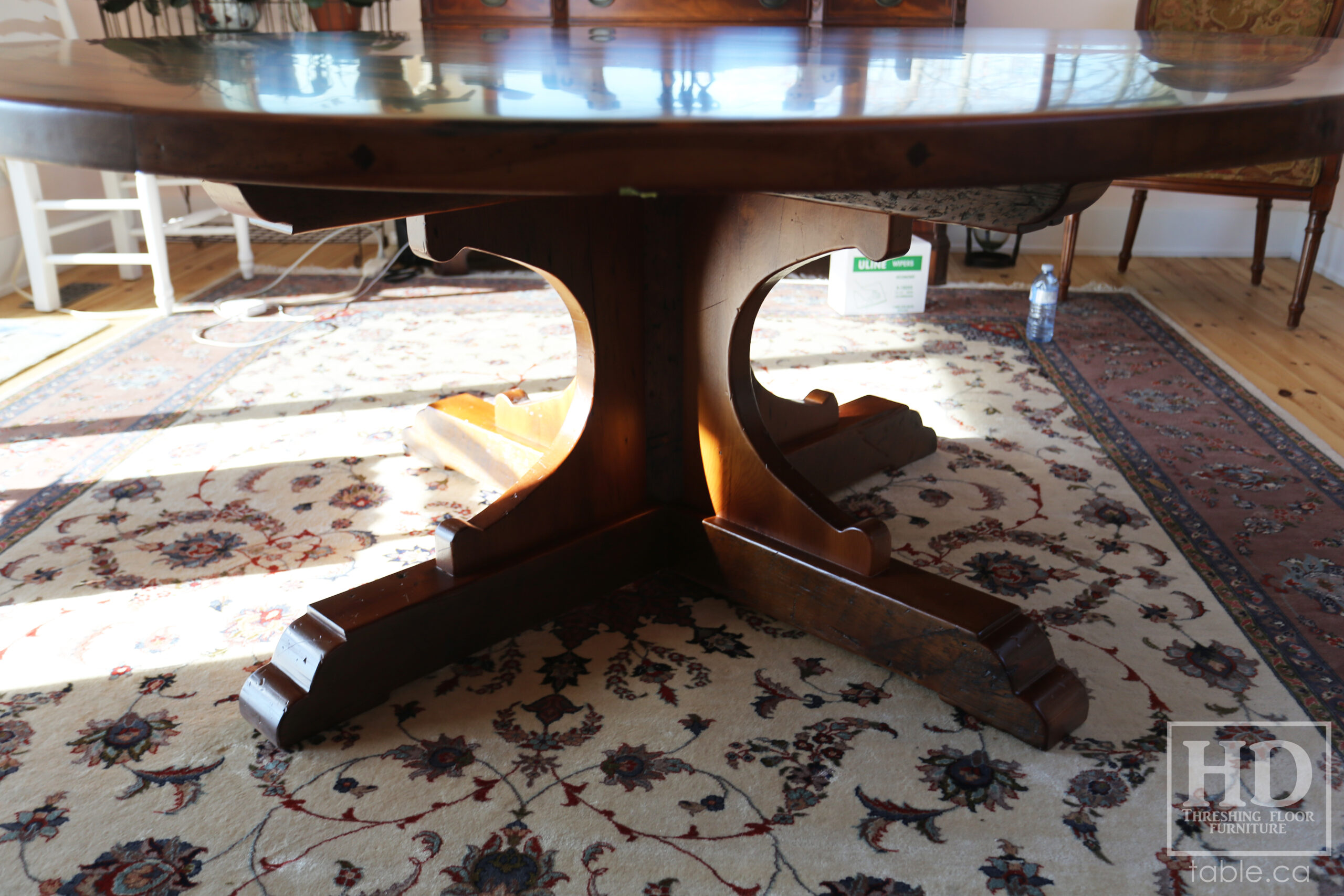 72" Recaimed Ontario Barnwood Round we made for a Campbellcroft, Ontario Home - Curved Profile Pedestal Option Base - Hemlock Threshing Floor Construction - Original edges & distressing maintained - Premium epoxy + satin polyurethane finish / [Matching] 24" Round Lazy Susan - www.table.ca