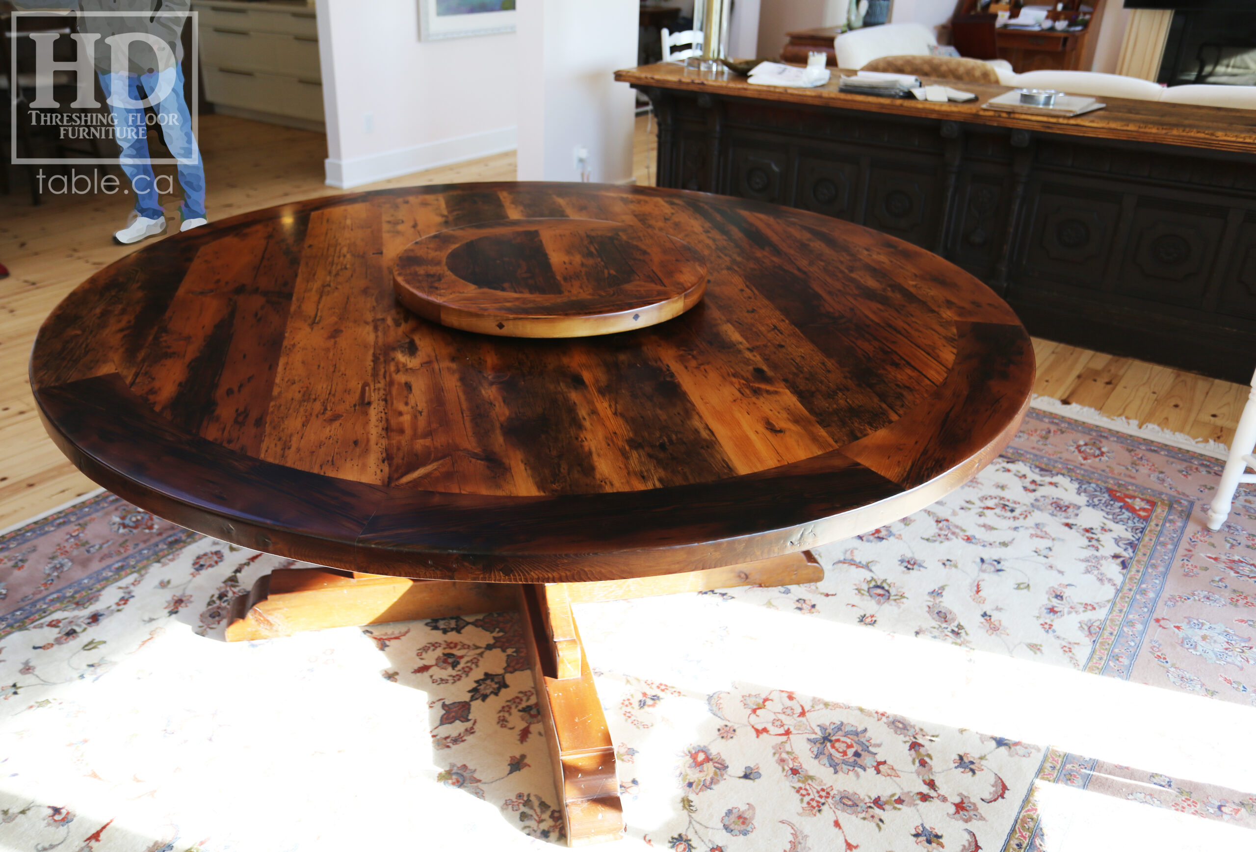 72" Recaimed Ontario Barnwood Round we made for a Campbellcroft, Ontario Home - Curved Profile Pedestal Option Base - Hemlock Threshing Floor Construction - Original edges & distressing maintained - Premium epoxy + satin polyurethane finish / [Matching] 24" Round Lazy Susan - www.table.ca