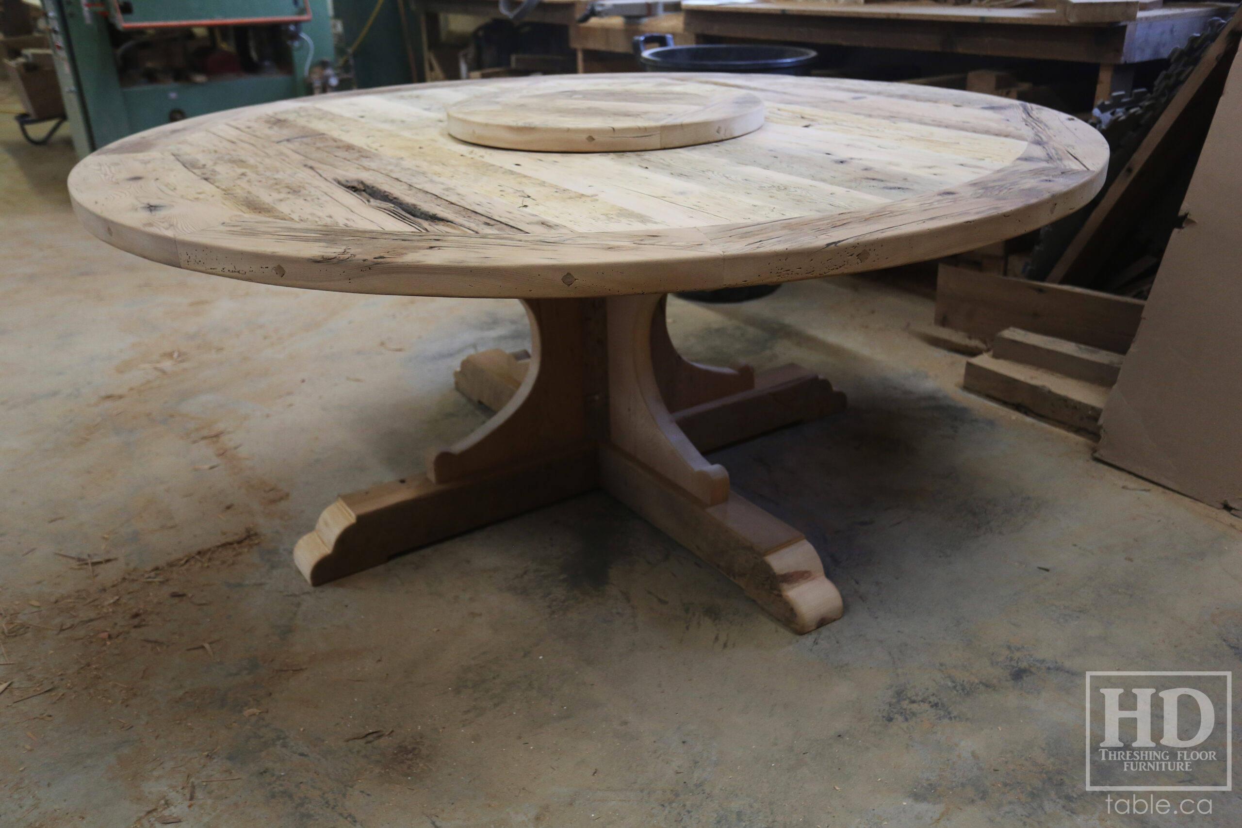 72" Recaimed Ontario Barnwood Round we made for a Campbellcroft, Ontario Home - Curved Profile Pedestal Option Base - Hemlock Threshing Floor Construction - Original edges & distressing maintained - Premium epoxy + satin polyurethane finish / [Matching] 24" Round Lazy Susan - www.table.ca