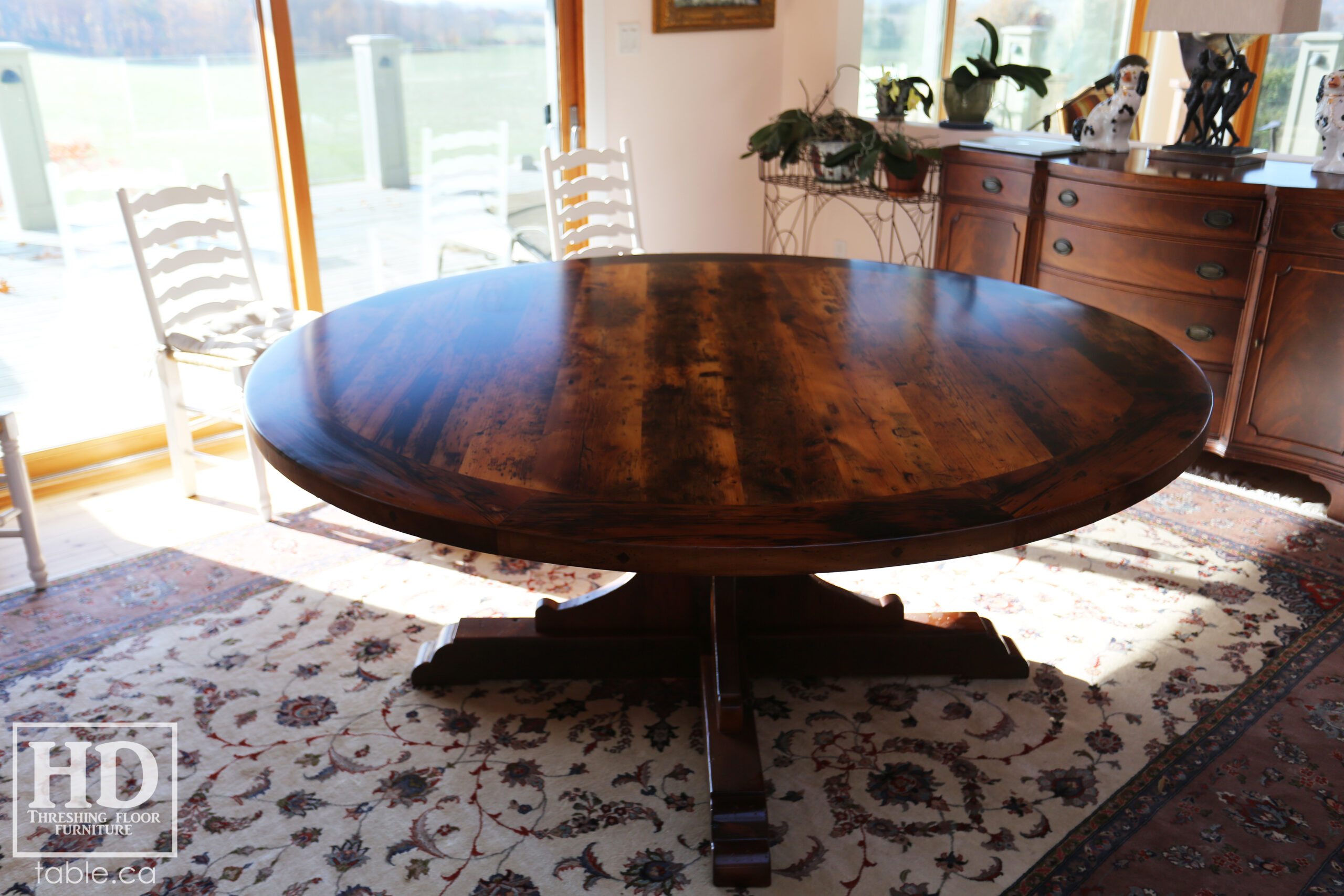 72" Recaimed Ontario Barnwood Round we made for a Campbellcroft, Ontario Home - Curved Profile Pedestal Option Base - Hemlock Threshing Floor Construction - Original edges & distressing maintained - Premium epoxy + satin polyurethane finish / [Matching] 24" Round Lazy Susan - www.table.ca