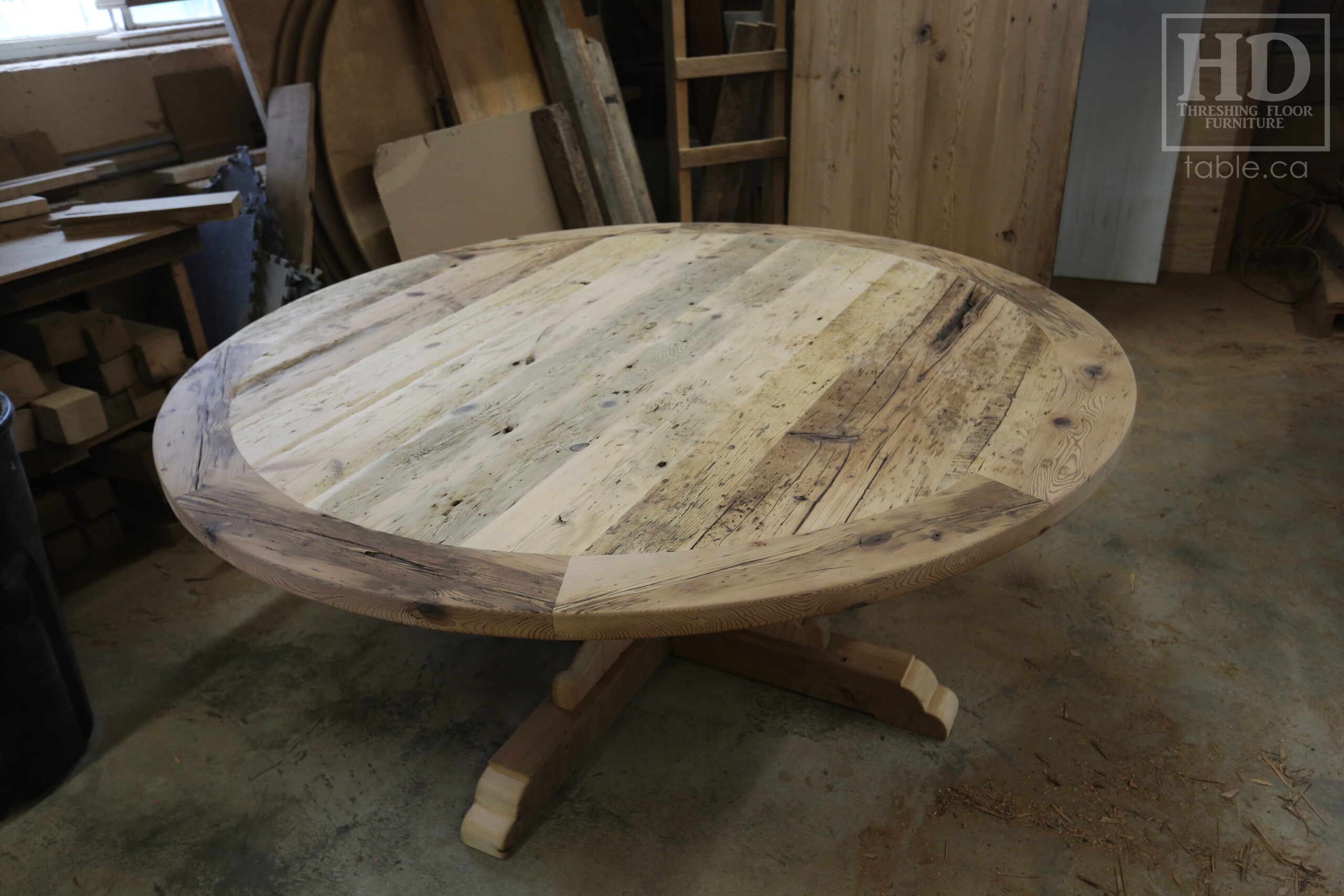 72" Recaimed Ontario Barnwood Round we made for a Campbellcroft, Ontario Home - Curved Profile Pedestal Option Base - Hemlock Threshing Floor Construction - Original edges & distressing maintained - Premium epoxy + satin polyurethane finish / [Matching] 24" Round Lazy Susan - www.table.ca