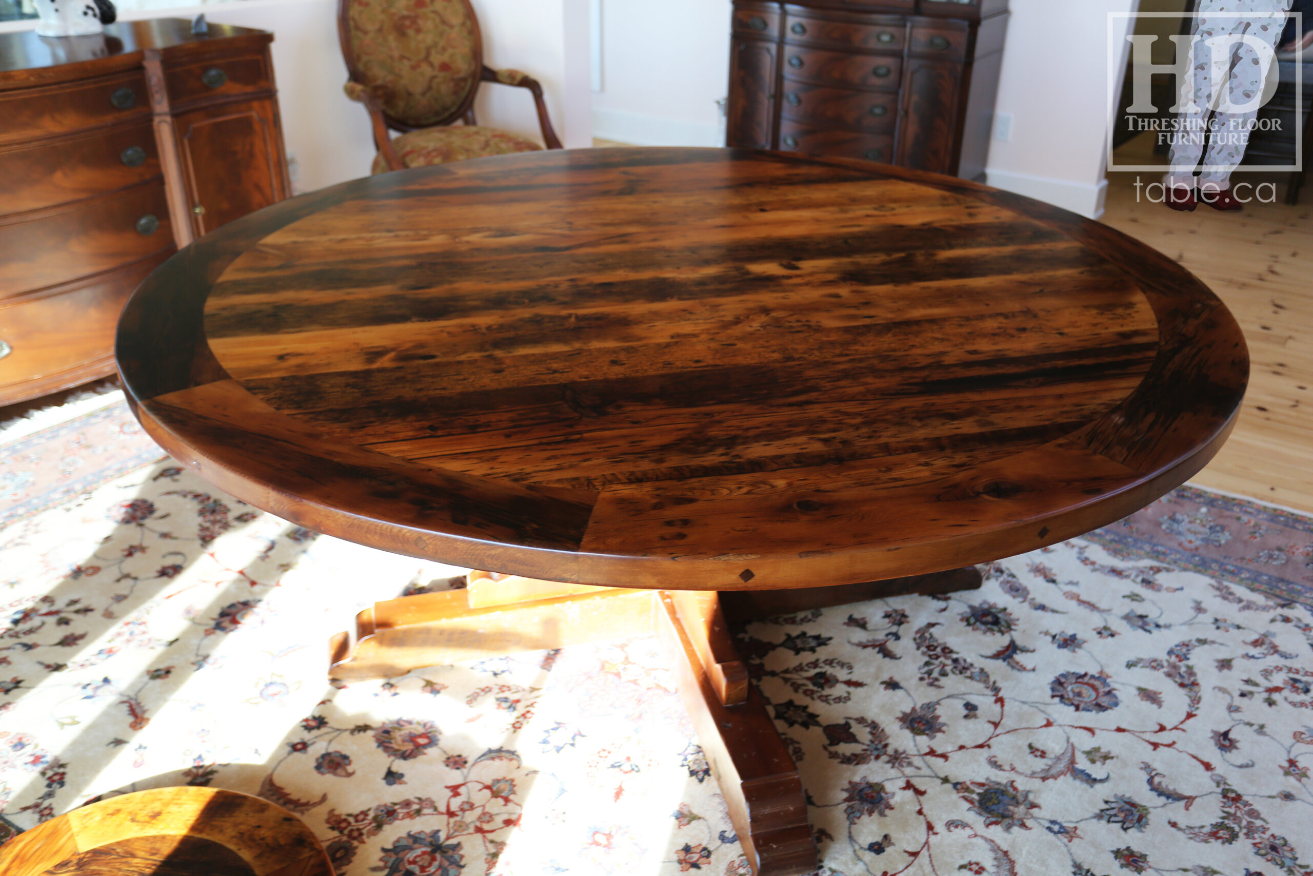 72" Recaimed Ontario Barnwood Round we made for a Campbellcroft, Ontario Home - Curved Profile Pedestal Option Base - Hemlock Threshing Floor Construction - Original edges & distressing maintained - Premium epoxy + satin polyurethane finish / [Matching] 24" Round Lazy Susan - www.table.ca