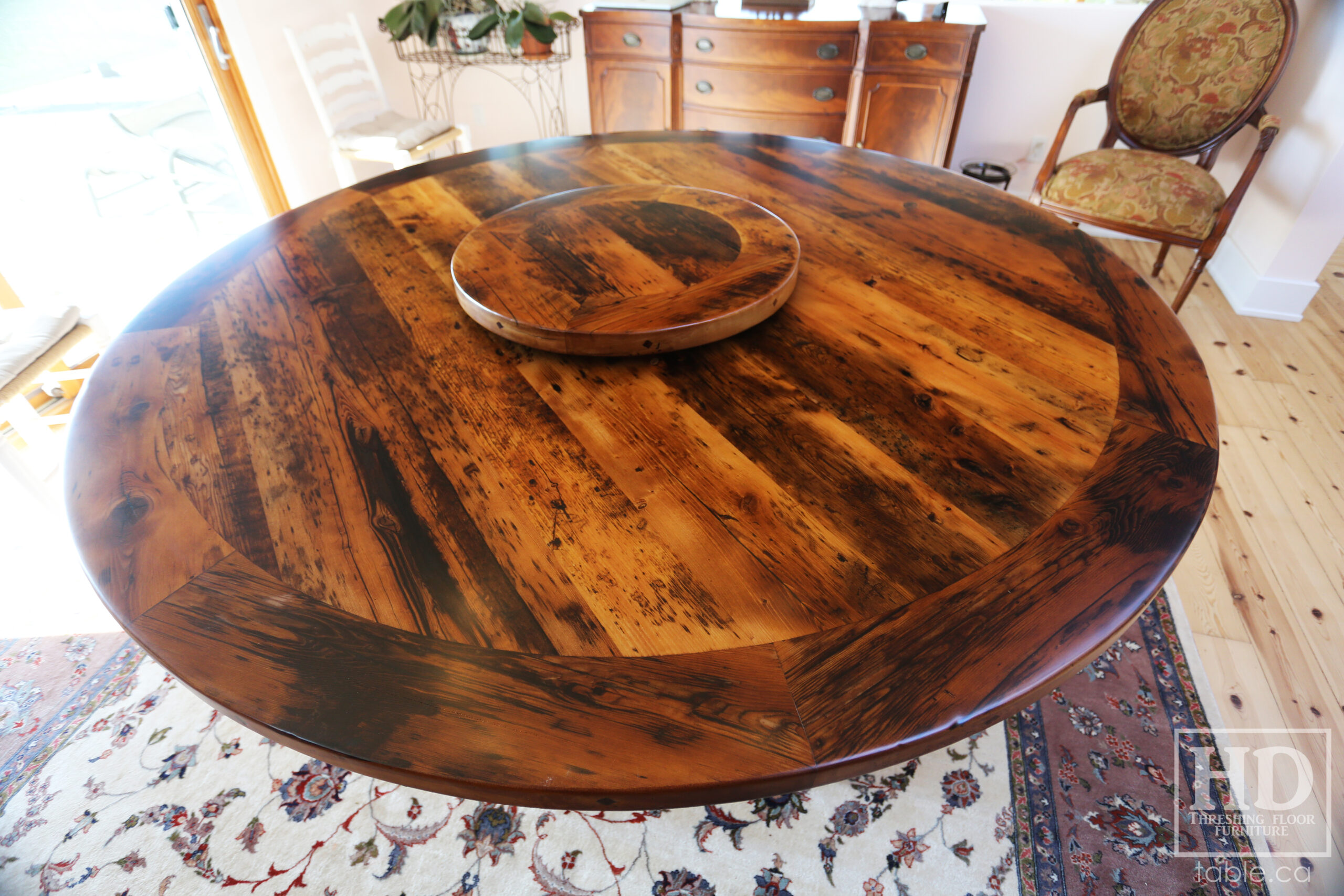 72" Recaimed Ontario Barnwood Round we made for a Campbellcroft, Ontario Home - Curved Profile Pedestal Option Base - Hemlock Threshing Floor Construction - Original edges & distressing maintained - Premium epoxy + satin polyurethane finish / [Matching] 24" Round Lazy Susan - www.table.ca