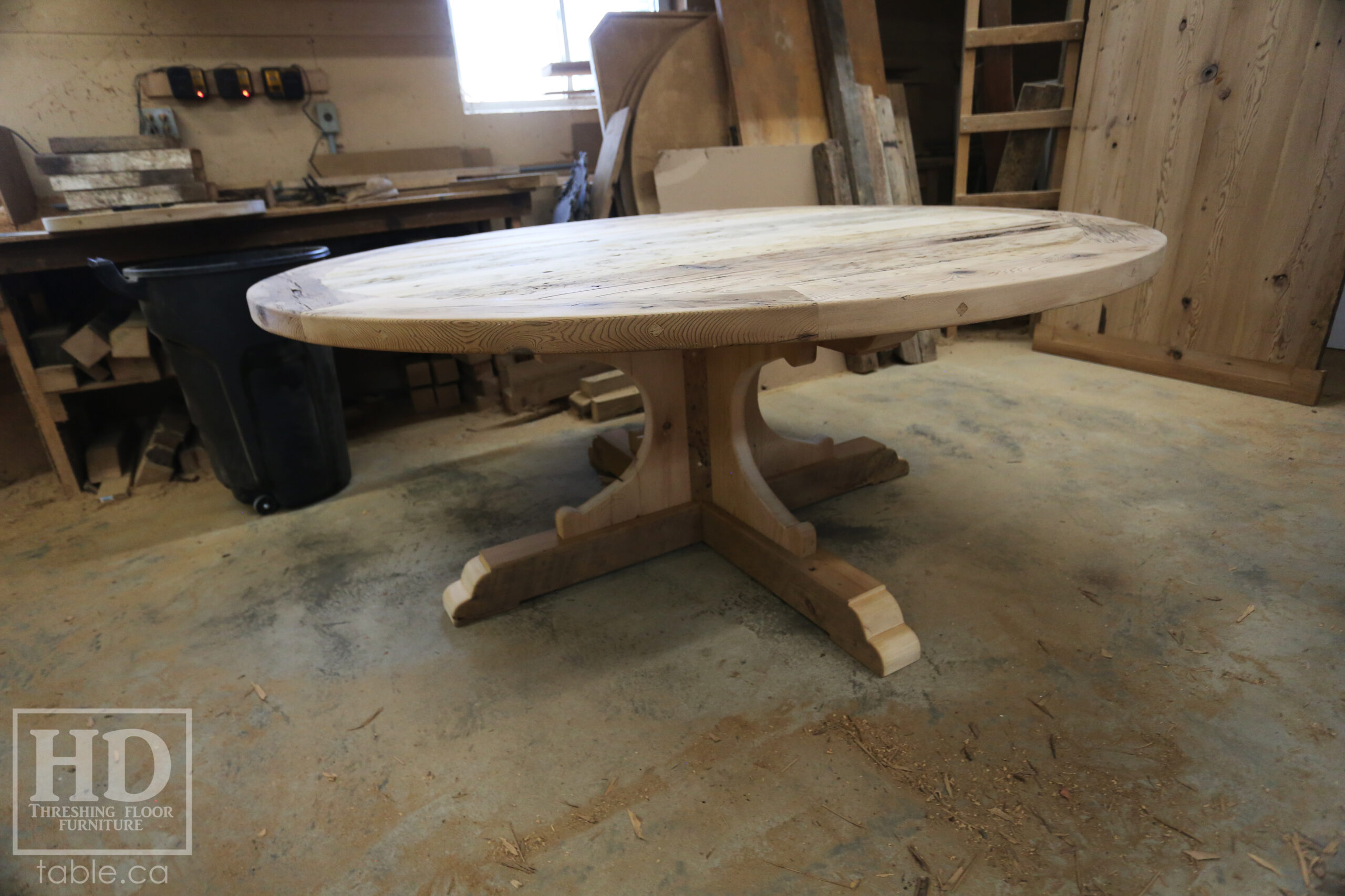 72" Recaimed Ontario Barnwood Round we made for a Campbellcroft, Ontario Home - Curved Profile Pedestal Option Base - Hemlock Threshing Floor Construction - Original edges & distressing maintained - Premium epoxy + satin polyurethane finish / [Matching] 24" Round Lazy Susan - www.table.ca