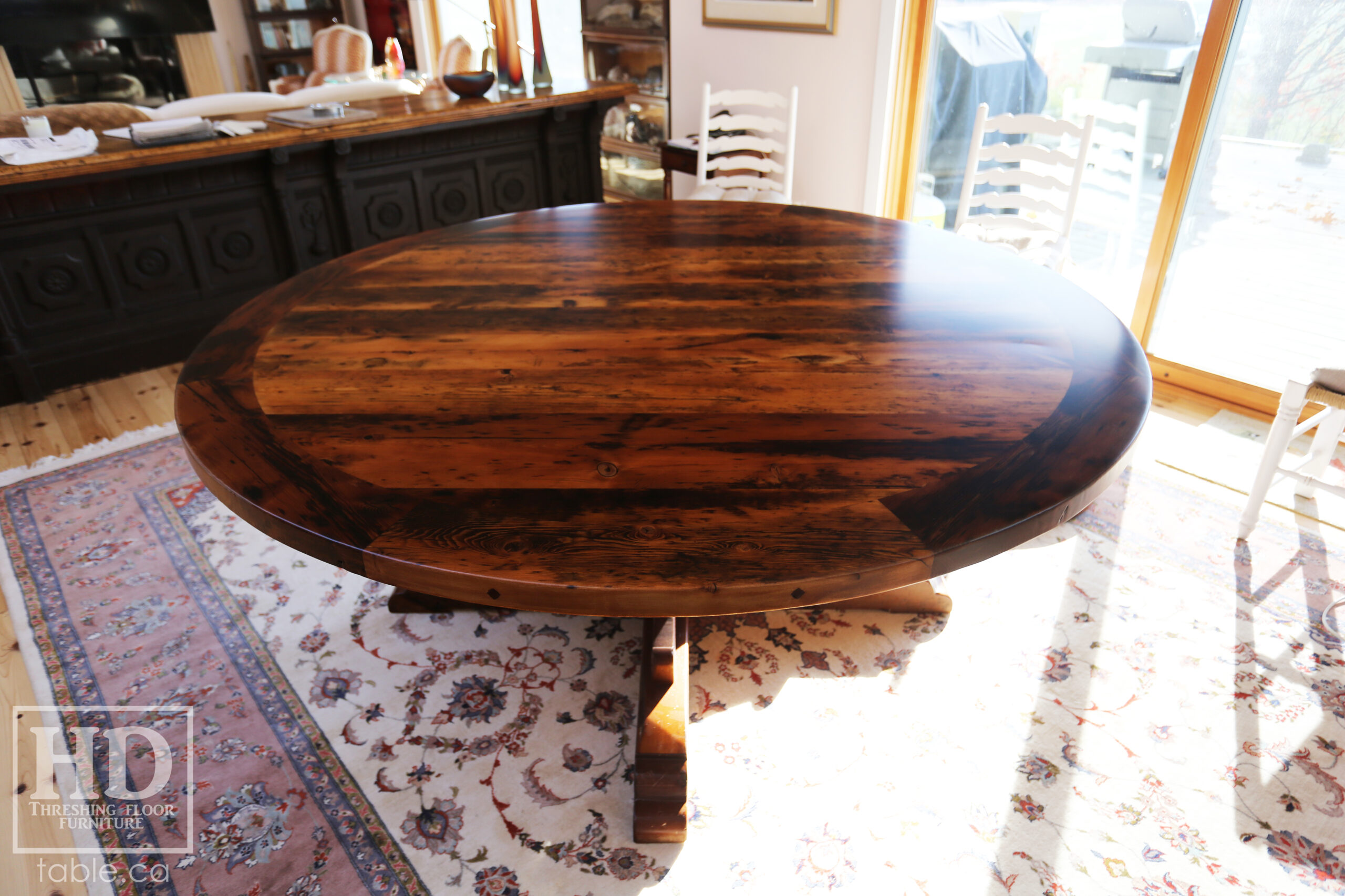 72" Recaimed Ontario Barnwood Round we made for a Campbellcroft, Ontario Home - Curved Profile Pedestal Option Base - Hemlock Threshing Floor Construction - Original edges & distressing maintained - Premium epoxy + satin polyurethane finish / [Matching] 24" Round Lazy Susan - www.table.ca