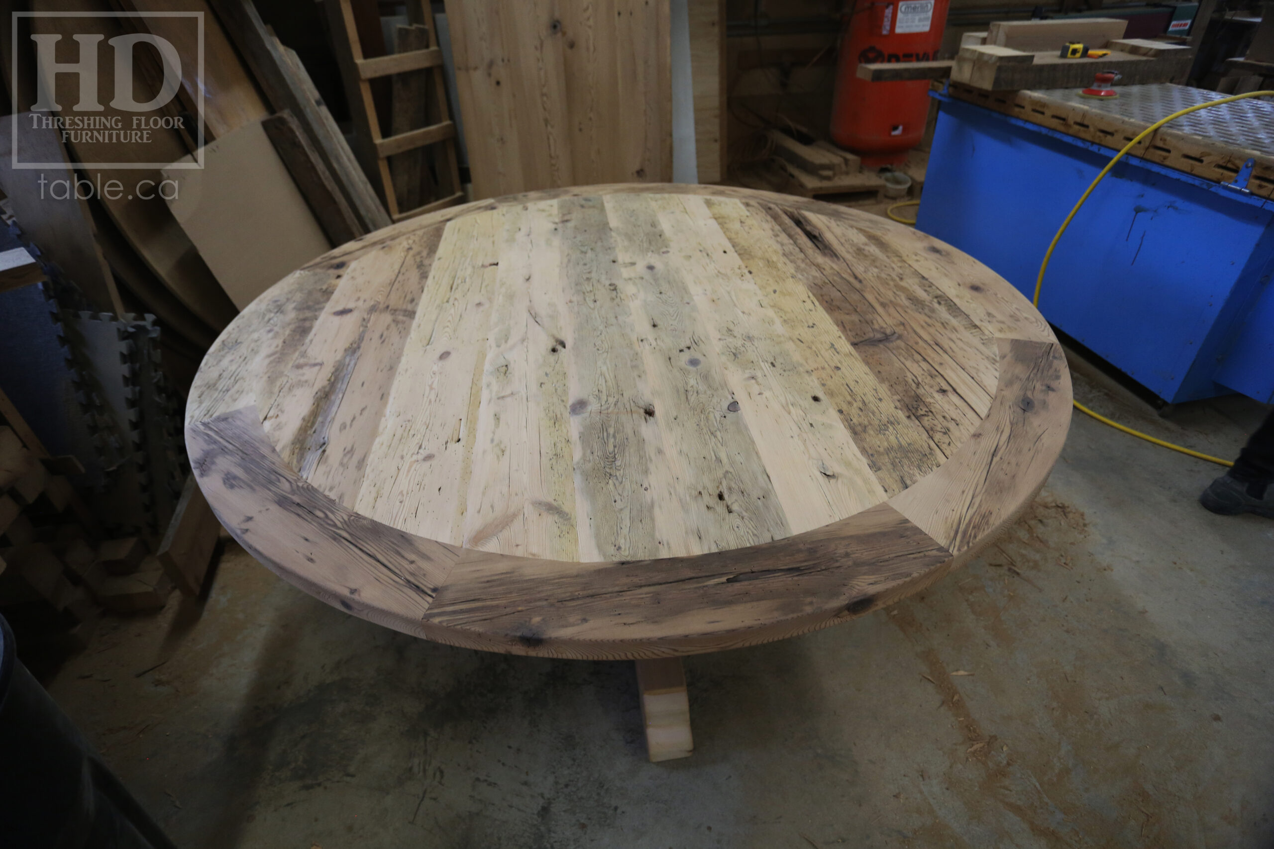 72" Recaimed Ontario Barnwood Round we made for a Campbellcroft, Ontario Home - Curved Profile Pedestal Option Base - Hemlock Threshing Floor Construction - Original edges & distressing maintained - Premium epoxy + satin polyurethane finish / [Matching] 24" Round Lazy Susan - www.table.ca