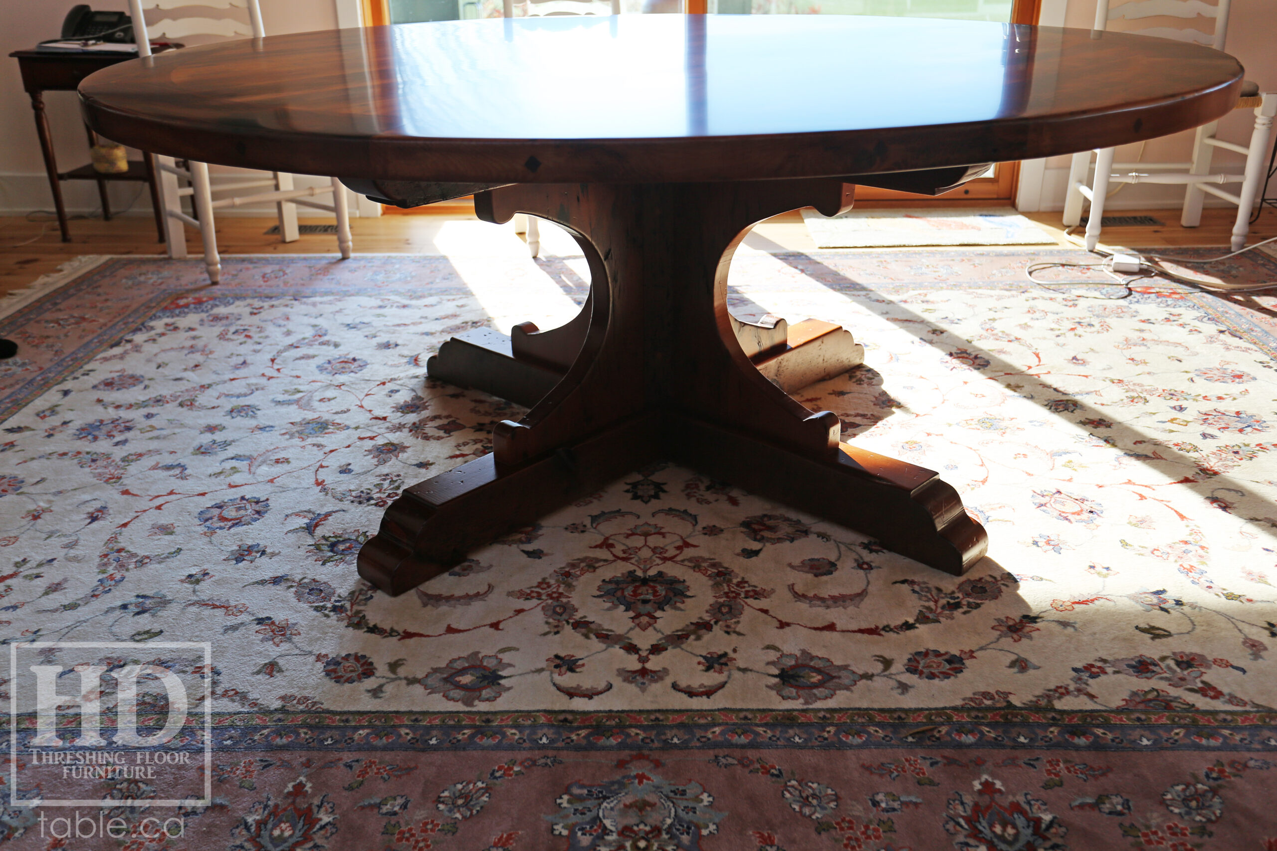 72" Recaimed Ontario Barnwood Round we made for a Campbellcroft, Ontario Home - Curved Profile Pedestal Option Base - Hemlock Threshing Floor Construction - Original edges & distressing maintained - Premium epoxy + satin polyurethane finish / [Matching] 24" Round Lazy Susan - www.table.ca