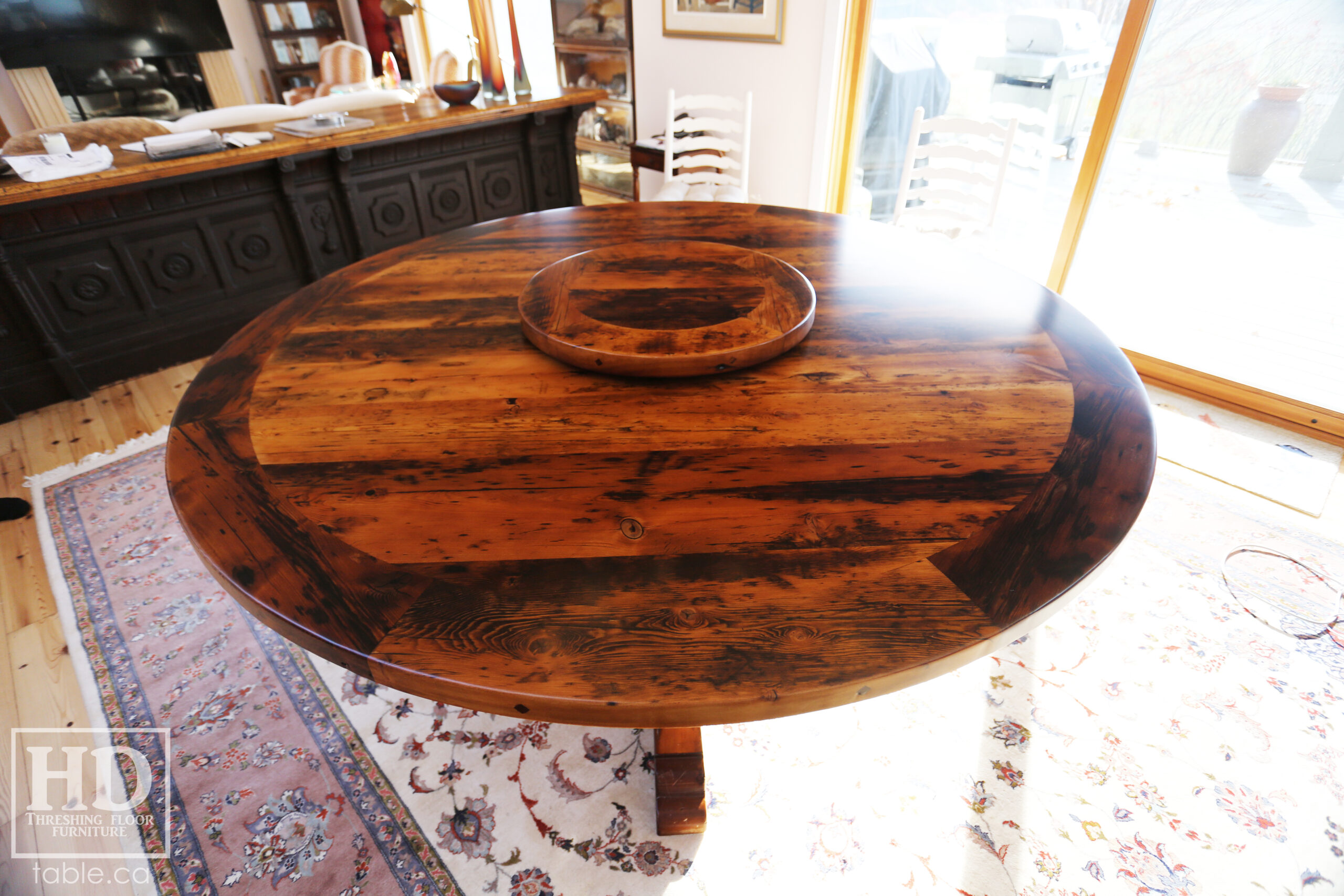 72" Recaimed Ontario Barnwood Round we made for a Campbellcroft, Ontario Home - Curved Profile Pedestal Option Base - Hemlock Threshing Floor Construction - Original edges & distressing maintained - Premium epoxy + satin polyurethane finish / [Matching] 24" Round Lazy Susan - www.table.ca