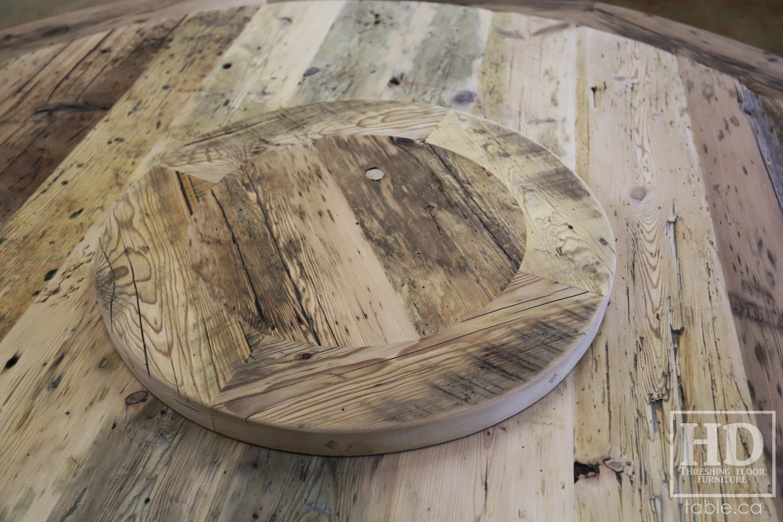 72" Recaimed Ontario Barnwood Round we made for a Campbellcroft, Ontario Home - Curved Profile Pedestal Option Base - Hemlock Threshing Floor Construction - Original edges & distressing maintained - Premium epoxy + satin polyurethane finish / [Matching] 24" Round Lazy Susan - www.table.ca