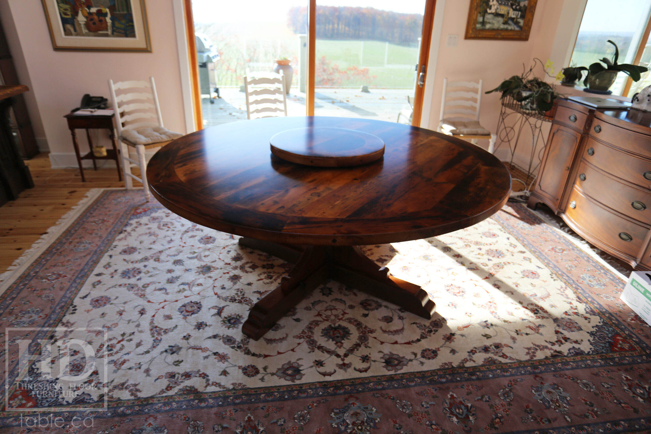 72" Recaimed Ontario Barnwood Round we made for a Campbellcroft, Ontario Home - Curved Profile Pedestal Option Base - Hemlock Threshing Floor Construction - Original edges & distressing maintained - Premium epoxy + satin polyurethane finish / [Matching] 24" Round Lazy Susan - www.table.ca