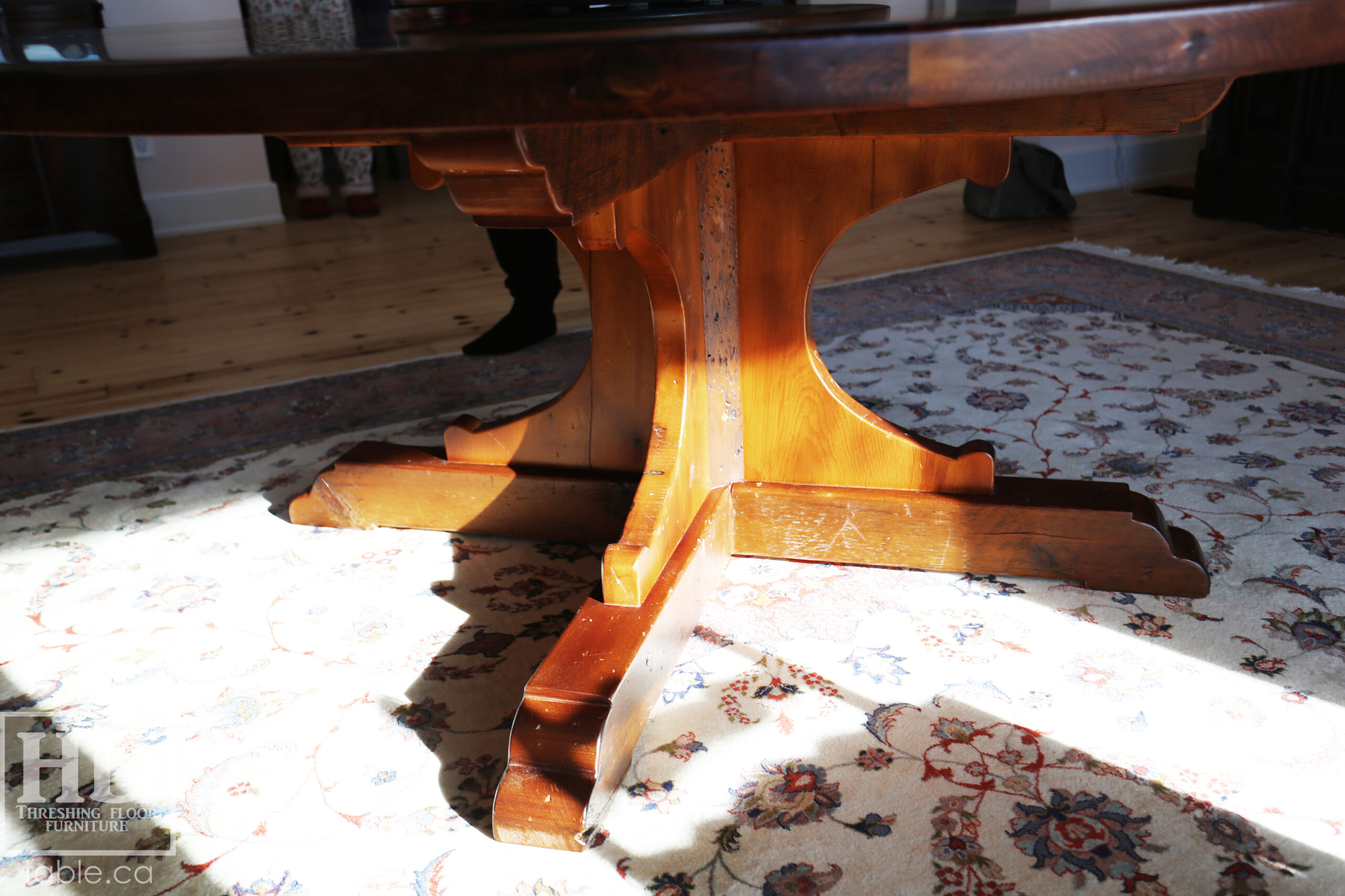 72" Recaimed Ontario Barnwood Round we made for a Campbellcroft, Ontario Home - Curved Profile Pedestal Option Base - Hemlock Threshing Floor Construction - Original edges & distressing maintained - Premium epoxy + satin polyurethane finish / [Matching] 24" Round Lazy Susan - www.table.ca