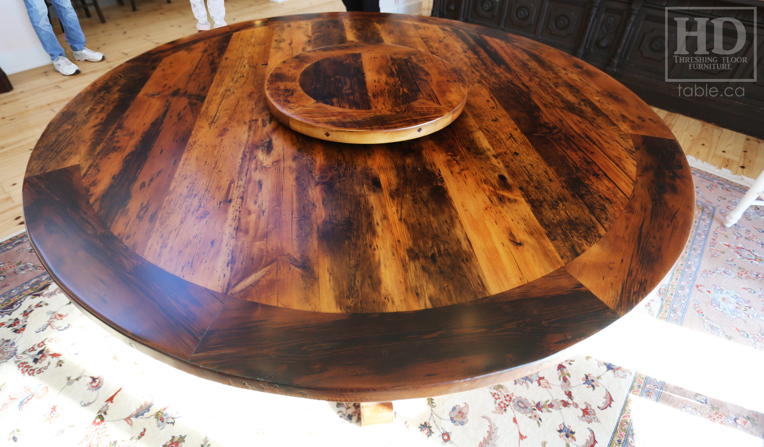 72" Recaimed Ontario Barnwood Round we made for a Campbellcroft, Ontario Home - Curved Profile Pedestal Option Base - Hemlock Threshing Floor Construction - Original edges & distressing maintained - Premium epoxy + satin polyurethane finish / [Matching] 24" Round Lazy Susan - www.table.ca