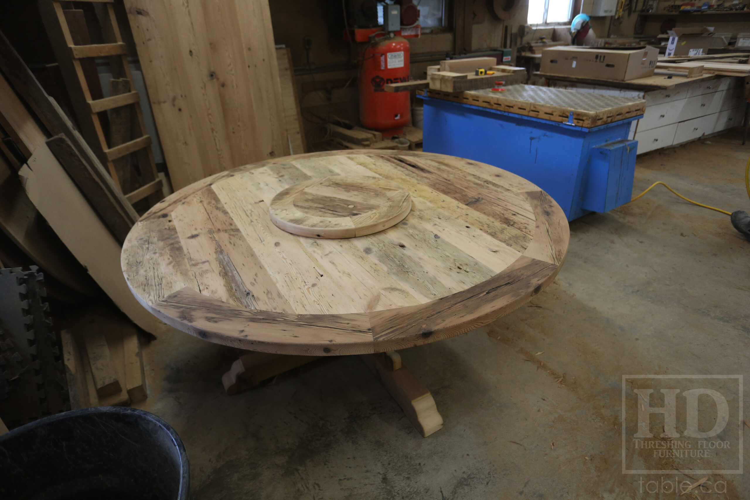 72" Recaimed Ontario Barnwood Round we made for a Campbellcroft, Ontario Home - Curved Profile Pedestal Option Base - Hemlock Threshing Floor Construction - Original edges & distressing maintained - Premium epoxy + satin polyurethane finish / [Matching] 24" Round Lazy Susan - www.table.ca