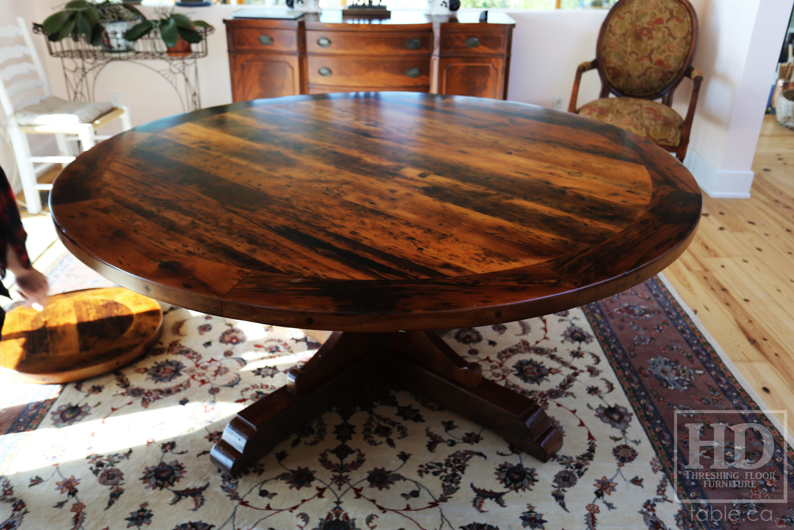 72" Recaimed Ontario Barnwood Round we made for a Campbellcroft, Ontario Home - Curved Profile Pedestal Option Base - Hemlock Threshing Floor Construction - Original edges & distressing maintained - Premium epoxy + satin polyurethane finish / [Matching] 24" Round Lazy Susan - www.table.ca