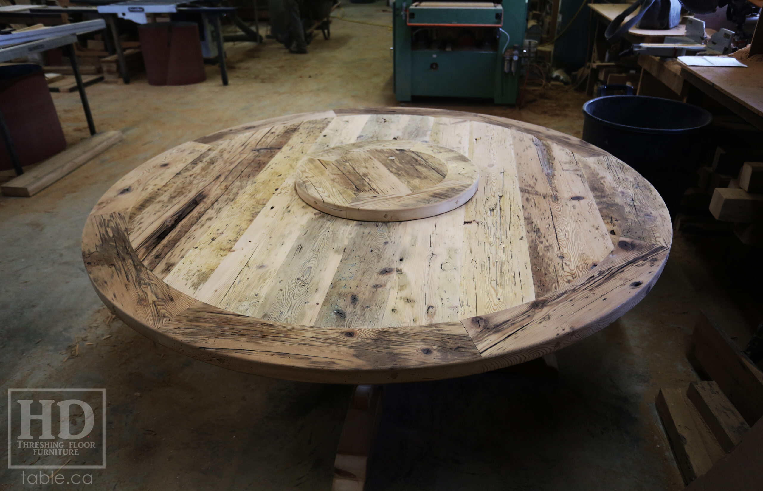 72" Recaimed Ontario Barnwood Round we made for a Campbellcroft, Ontario Home - Curved Profile Pedestal Option Base - Hemlock Threshing Floor Construction - Original edges & distressing maintained - Premium epoxy + satin polyurethane finish / [Matching] 24" Round Lazy Susan - www.table.ca