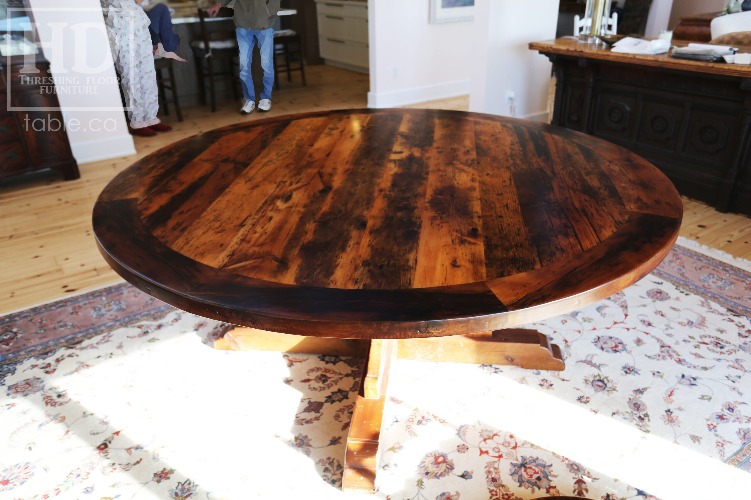 72" Recaimed Ontario Barnwood Round we made for a Campbellcroft, Ontario Home - Curved Profile Pedestal Option Base - Hemlock Threshing Floor Construction - Original edges & distressing maintained - Premium epoxy + satin polyurethane finish / [Matching] 24" Round Lazy Susan - www.table.ca