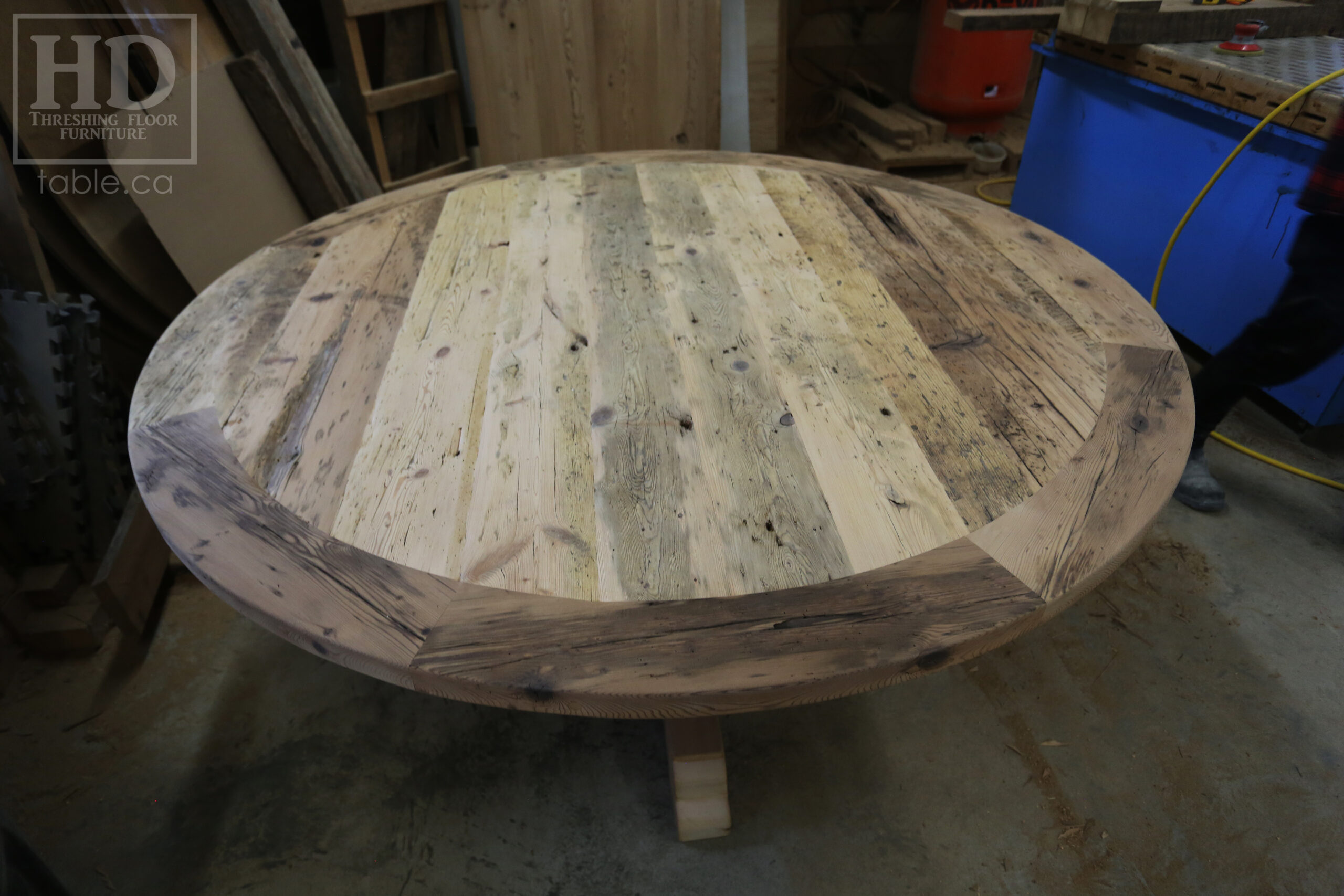 72" Recaimed Ontario Barnwood Round we made for a Campbellcroft, Ontario Home - Curved Profile Pedestal Option Base - Hemlock Threshing Floor Construction - Original edges & distressing maintained - Premium epoxy + satin polyurethane finish / [Matching] 24" Round Lazy Susan - www.table.ca