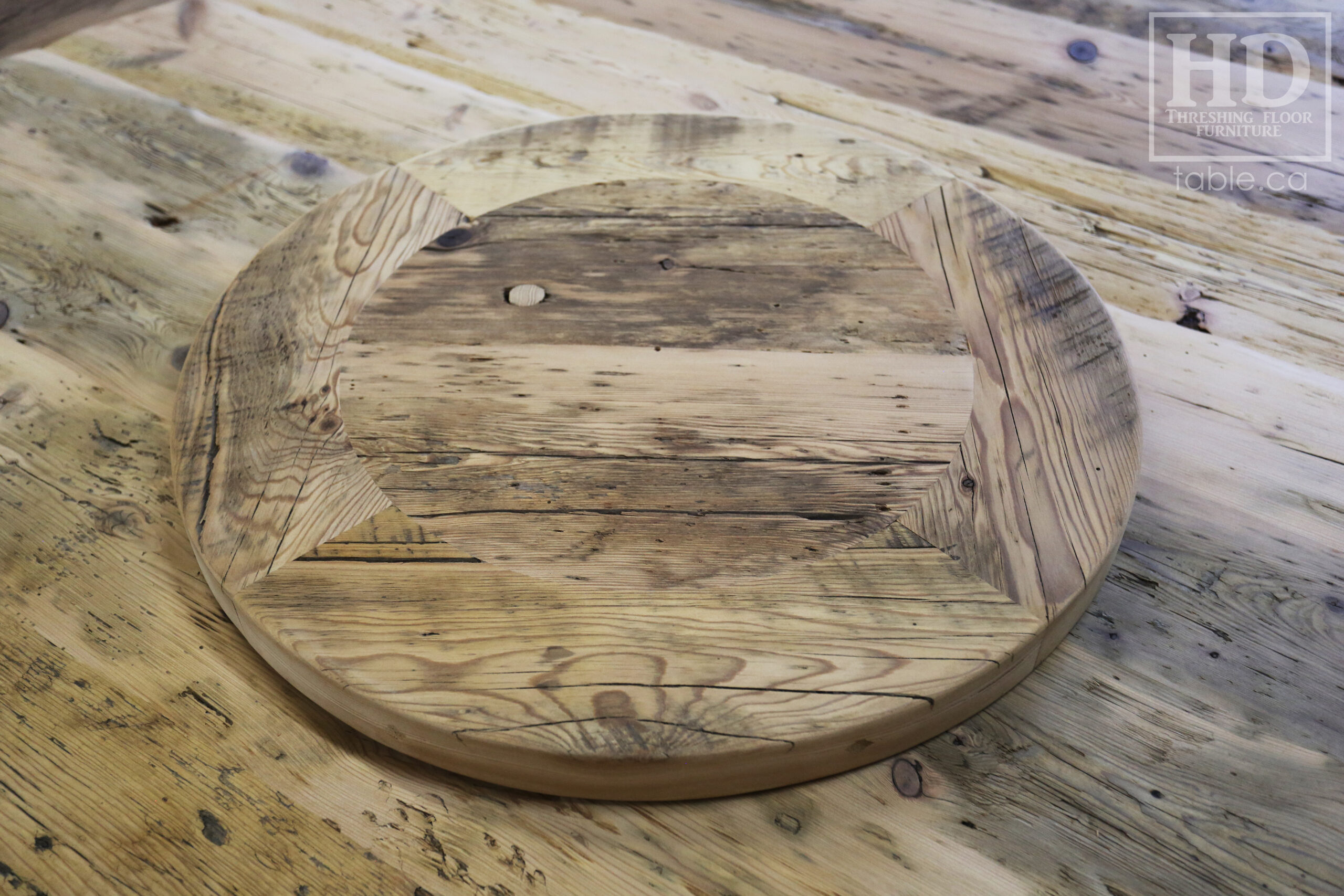 72" Recaimed Ontario Barnwood Round we made for a Campbellcroft, Ontario Home - Curved Profile Pedestal Option Base - Hemlock Threshing Floor Construction - Original edges & distressing maintained - Premium epoxy + satin polyurethane finish / [Matching] 24" Round Lazy Susan - www.table.ca