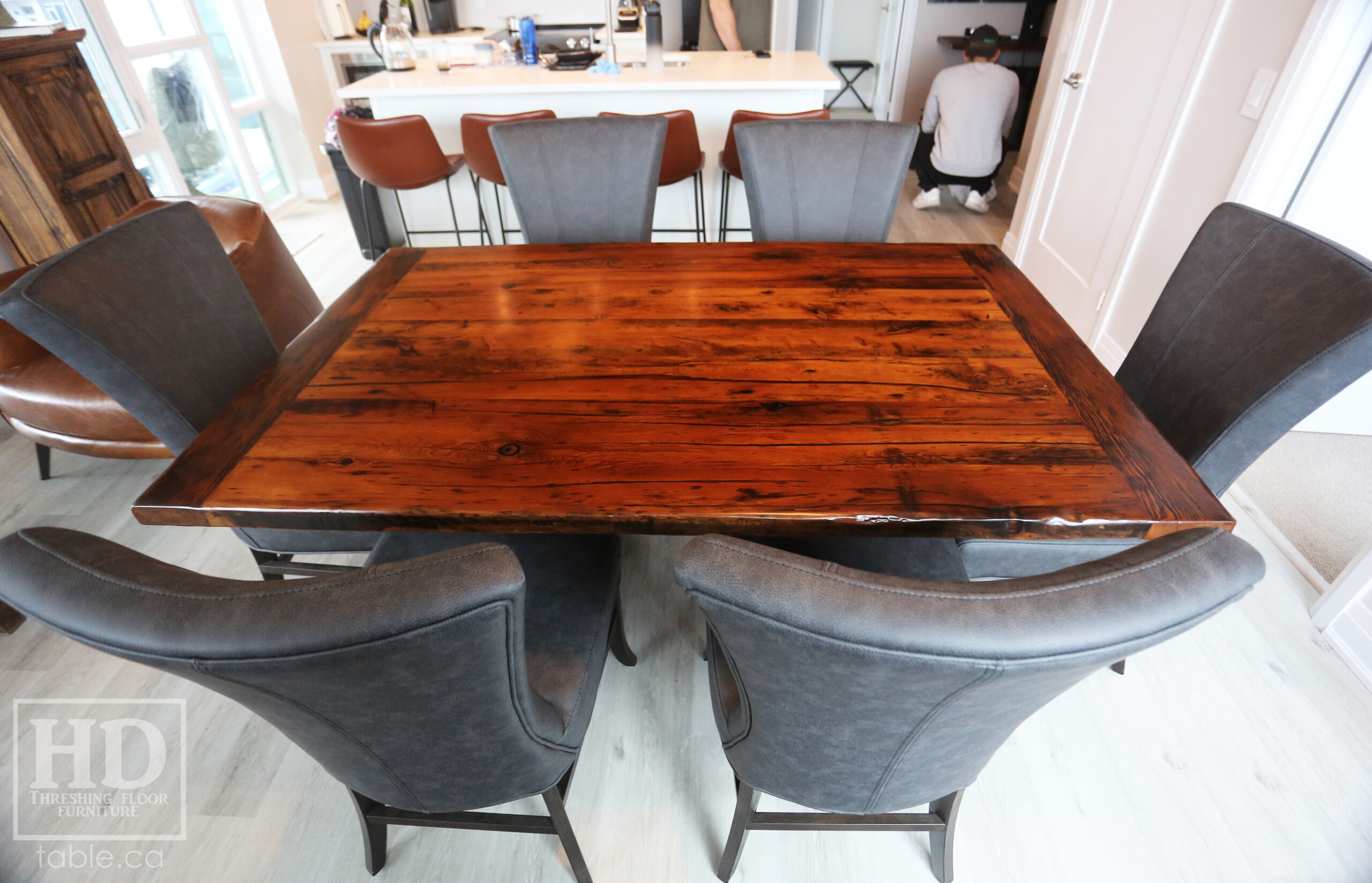 5 1/2' Ontario Barnwood Table we made for a Grimsby, Ontario home - 42" wide - Trestle Base - Old Growth Hemlock Threshing Floor Construction - Original edges & distressing maintained - Premium epoxy + satin polyurethane finish - www.table.ca
