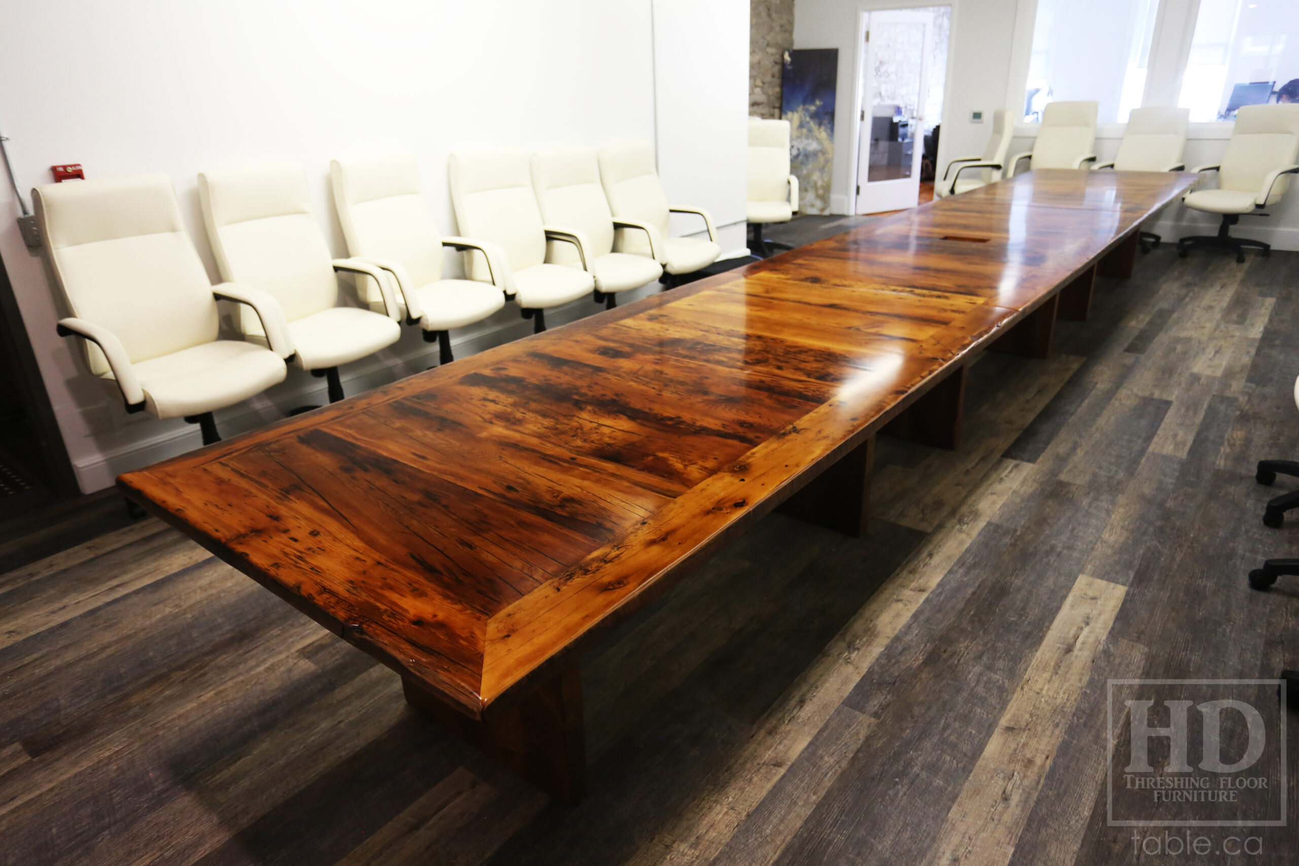 24 Ft Ontario Barnwood Table we made for a Guelph, Ontario company - 48" wide – [3] 8' Sections [on site final doweling] - 3" Joist Plank Posts Base - Reclaimed Hemlock Threshing Floor 2” Top - Original edges & distressing maintained - Premium epoxy + satin polyurethane finish - www.table.ca