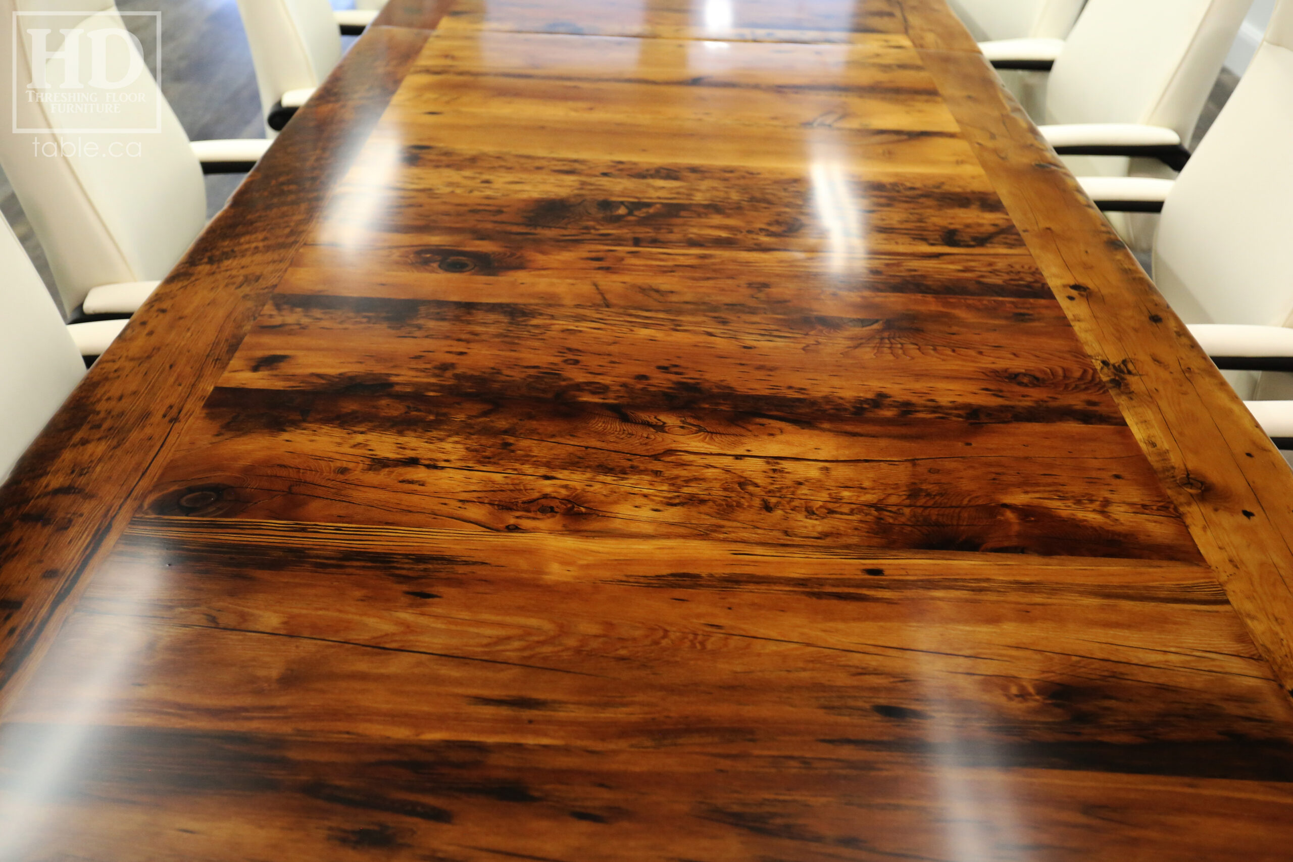 24 Ft Ontario Barnwood Table we made for a Guelph, Ontario company - 48" wide – [3] 8' Sections [on site final doweling] - 3" Joist Plank Posts Base - Reclaimed Hemlock Threshing Floor 2” Top - Original edges & distressing maintained - Premium epoxy + satin polyurethane finish - www.table.ca
