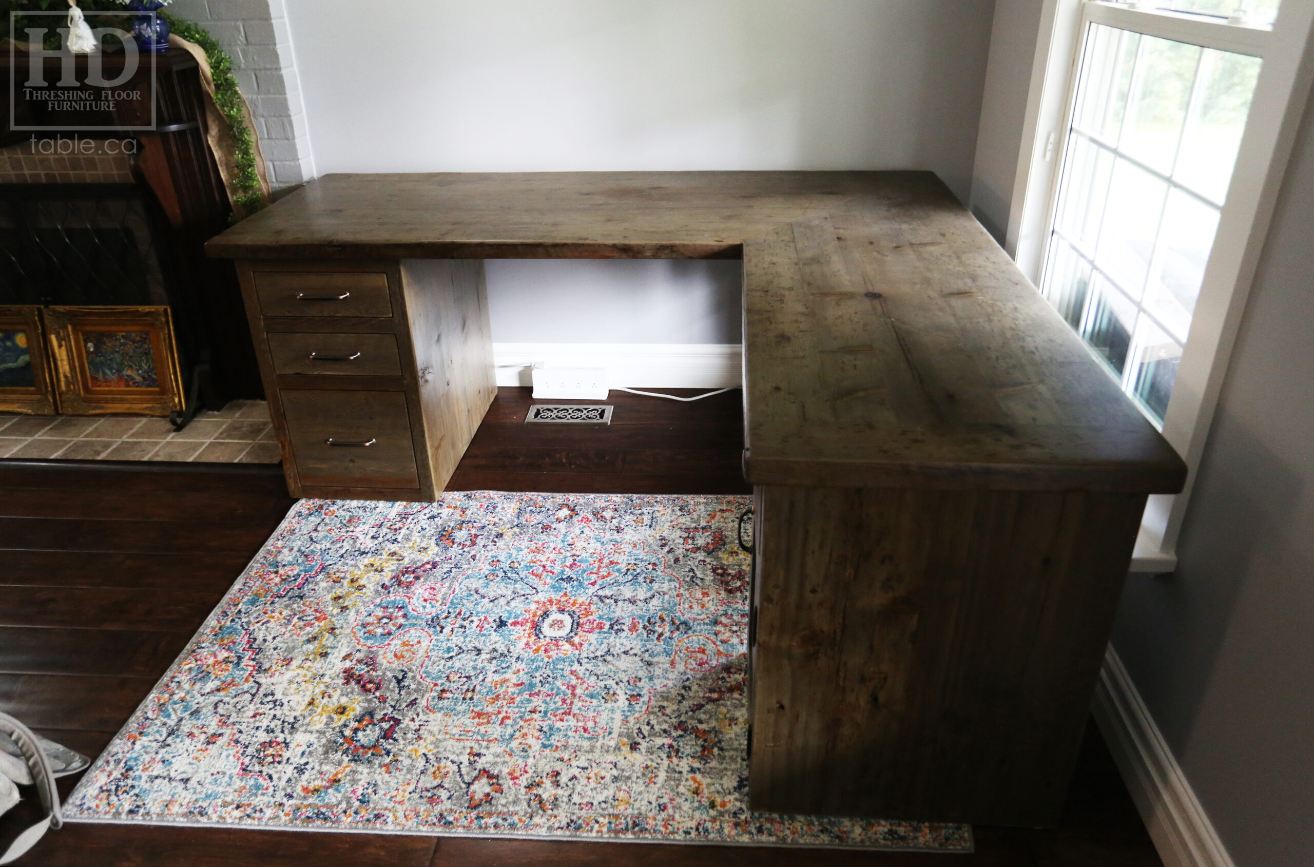 78" Ontario Barnwood Desk we made for a Woodstock home - 32" deep - 74" Return / 24" deep - 4 Drawers - 1 Door - 31" height - Left Side Drawers [18" wide] - Right Side Top Drawer / Bottom Door - Corner Post - Reclaimed Old Growth Hemlock Threshing Floor + Grainery Board Construction - Original edges + distressing maintained - Cast Brass Lee Valley Hardware - Barnboard Grey Option [speciality finish] - Premium epoxy + matte polyurethane finish - www.table.ca