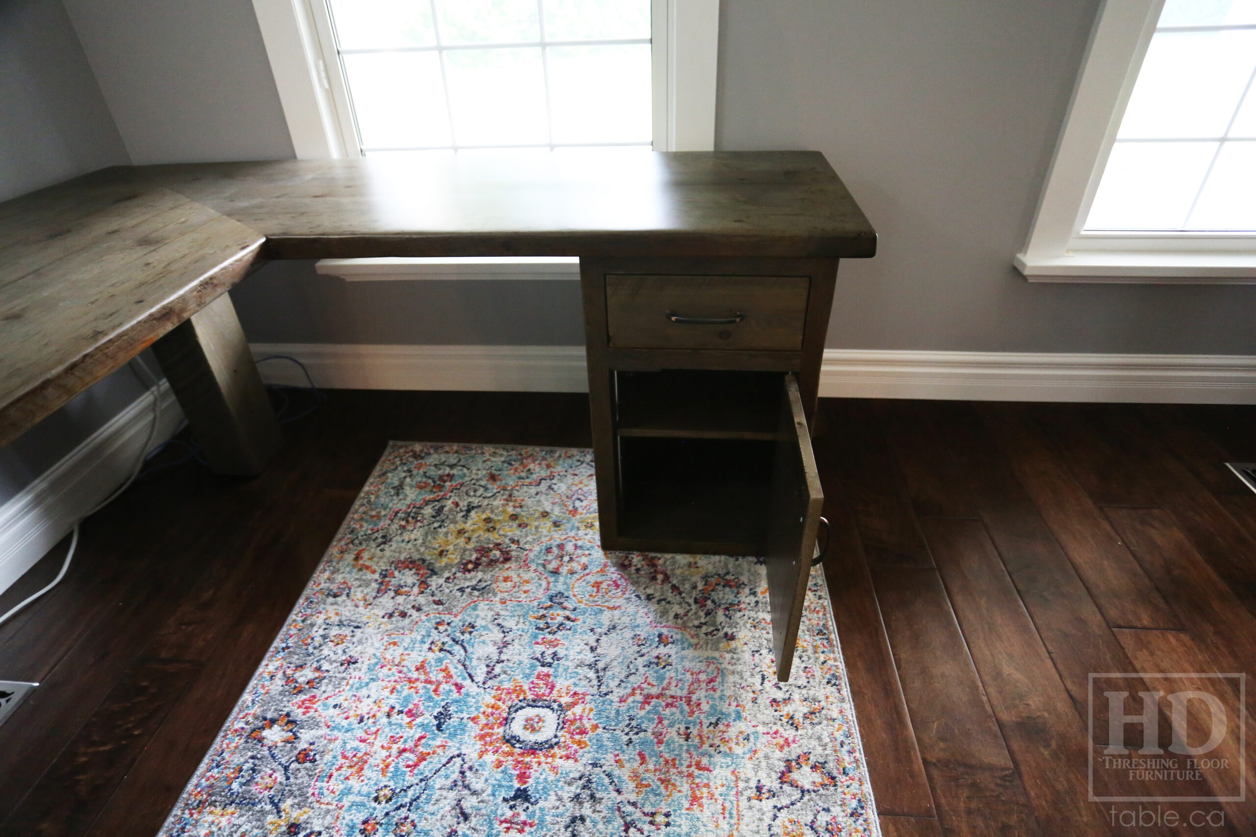 78" Ontario Barnwood Desk we made for a Woodstock home - 32" deep - 74" Return / 24" deep - 4 Drawers - 1 Door - 31" height - Left Side Drawers [18" wide] - Right Side Top Drawer / Bottom Door - Corner Post - Reclaimed Old Growth Hemlock Threshing Floor + Grainery Board Construction - Original edges + distressing maintained - Cast Brass Lee Valley Hardware - Barnboard Grey Option [speciality finish] - Premium epoxy + matte polyurethane finish - www.table.ca