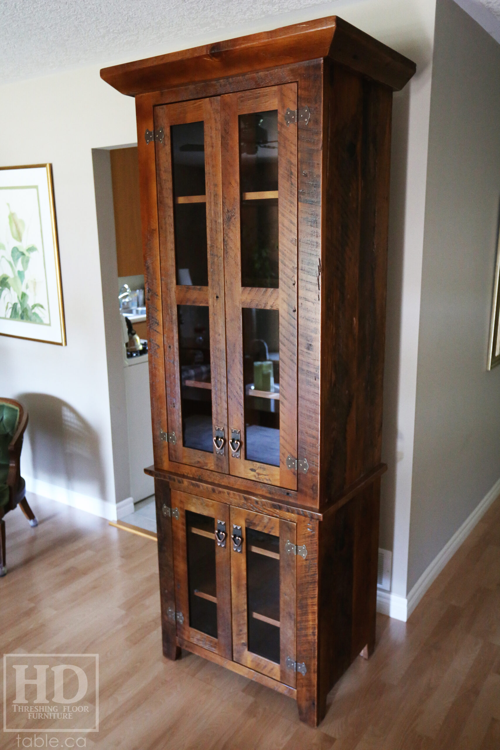 33" Wide Ontario Barnwood Hutch we made for a Guelph Home - 84" height - 20" deep - 2 Top Doors / 2 Bottom Doors / Glass Inserts - Ajustable Shelving Inside - Reclaimed old growth hemlock threshing floor + grainery board construction - Original edges + distressing kept - Mission Cast Brass Lee Valley Hardware - Satin polyurethane finish - www.table.ca