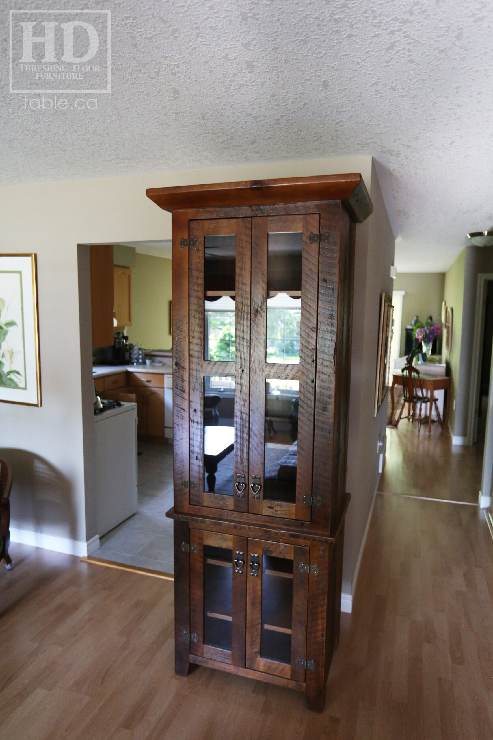 33" Wide Ontario Barnwood Hutch we made for a Guelph Home - 84" height - 20" deep - 2 Top Doors / 2 Bottom Doors / Glass Inserts - Ajustable Shelving Inside - Reclaimed old growth hemlock threshing floor + grainery board construction - Original edges + distressing kept - Mission Cast Brass Lee Valley Hardware - Satin polyurethane finish - www.table.ca