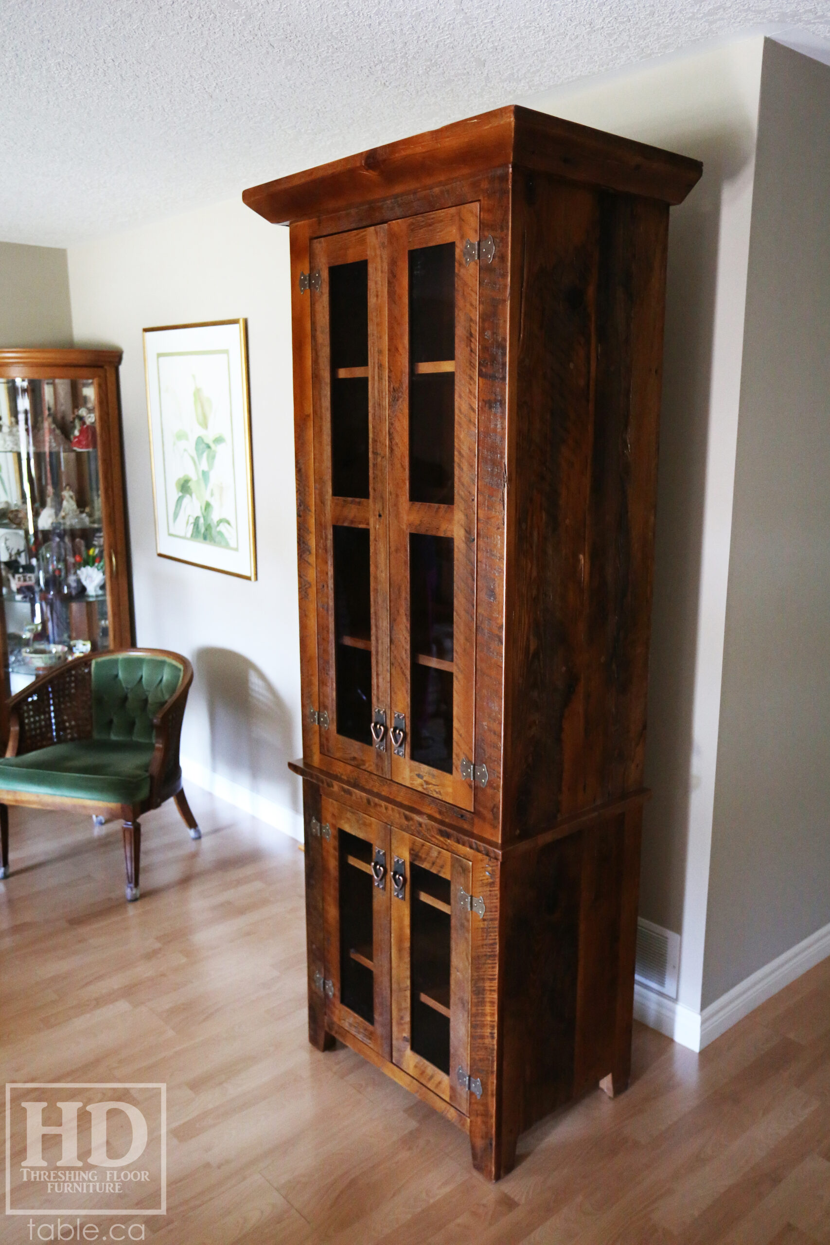 33" Wide Ontario Barnwood Hutch we made for a Guelph Home - 84" height - 20" deep - 2 Top Doors / 2 Bottom Doors / Glass Inserts - Ajustable Shelving Inside - Reclaimed old growth hemlock threshing floor + grainery board construction - Original edges + distressing kept - Mission Cast Brass Lee Valley Hardware - Satin polyurethane finish - www.table.ca