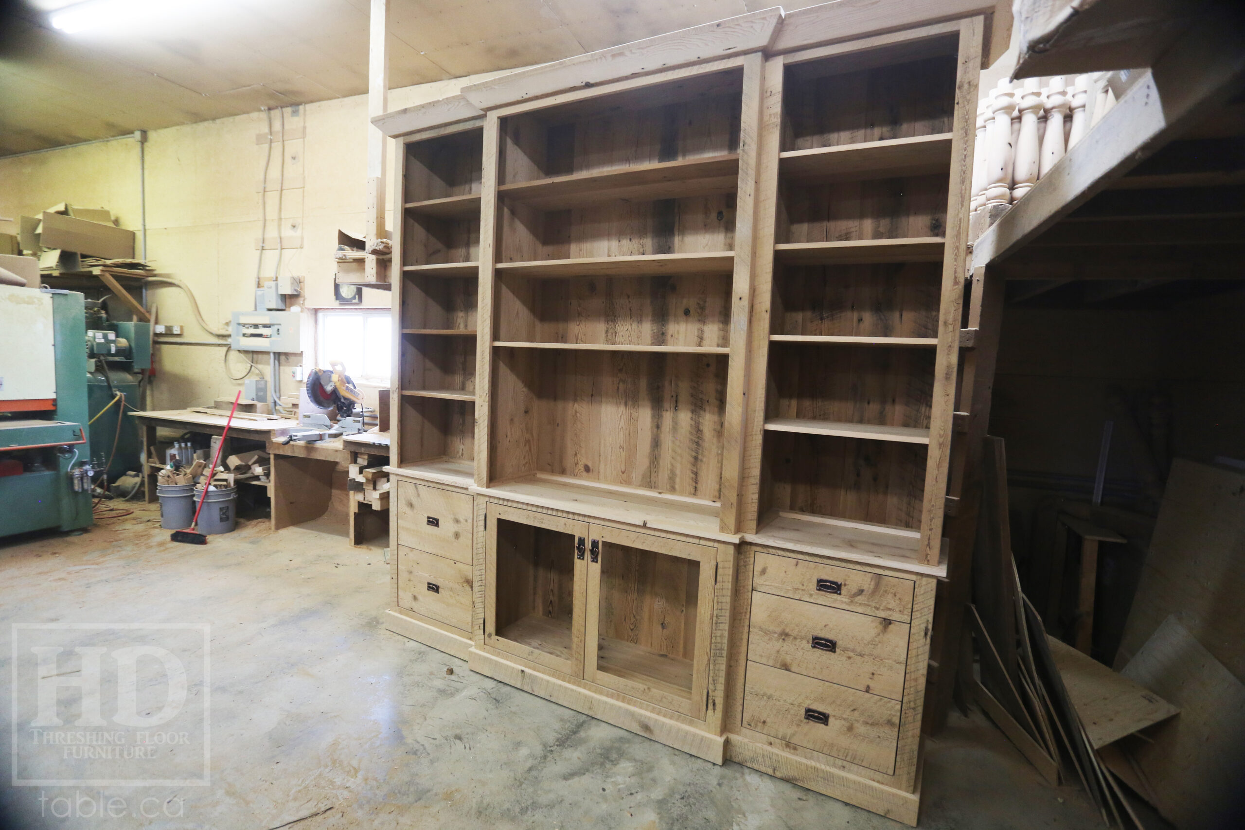 111" Wide Ontario Barnwood Hutch we made for a Torrance cotage - 107" 7/8" height - 16" deep - Centre 45" wide / 18" deep - Outside units proportionally sized - Reclaimed old growth hemlock threshing floor + grainery board construction - Original edges + distressing kept - Lee Valley Hardware - Satin polyurethane finish - www.table.ca 