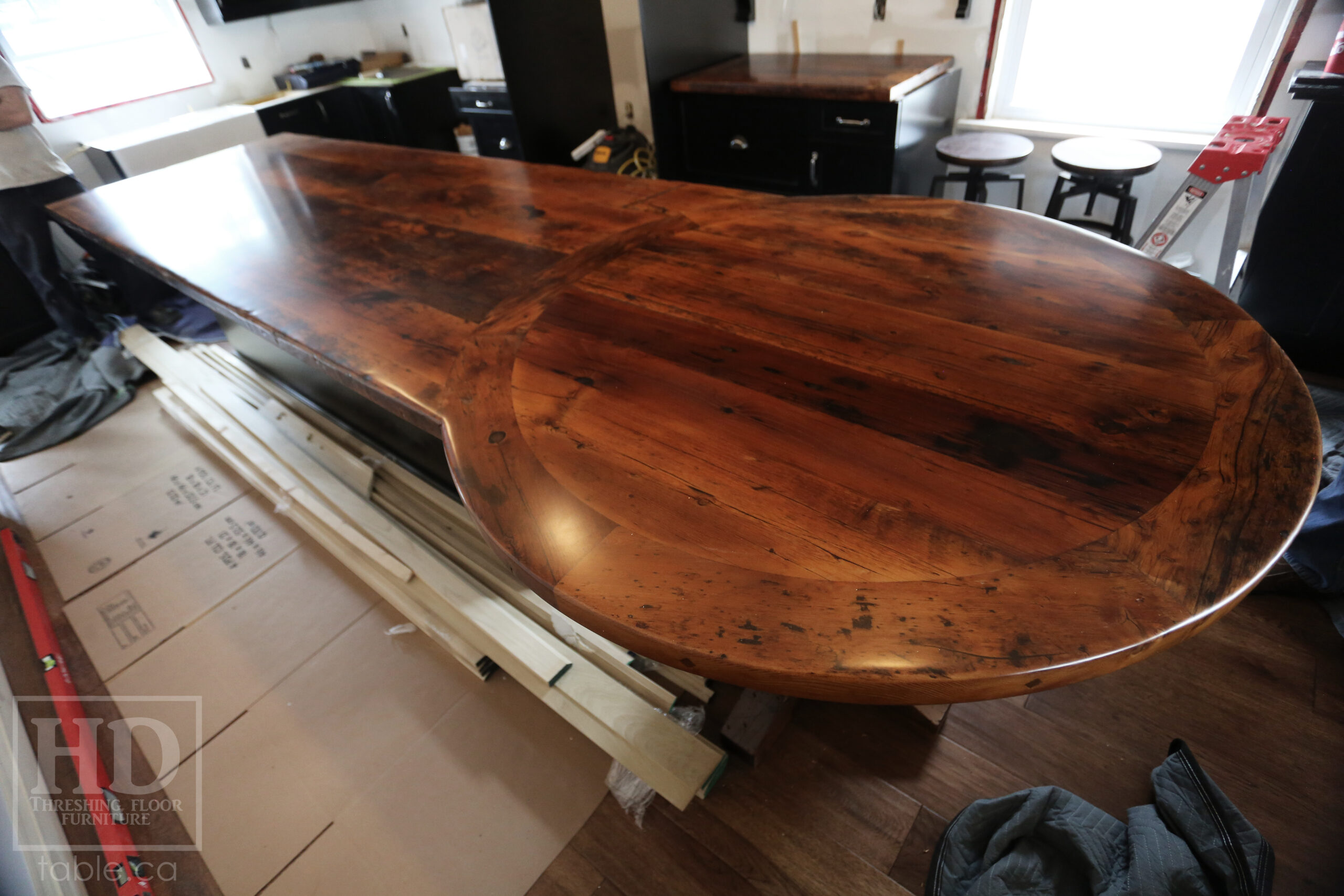 Ontario Barnwood Island Top + Post we made for a Fort Erie, Ontario home - Hand-Hewn Post Pedestal at End [to extend island size] - Reclaimed Hemlock Threshing Floor Construction - Original edges & distressing maintained - Premium epoxy + satin polyurethane finish - www.table.ca