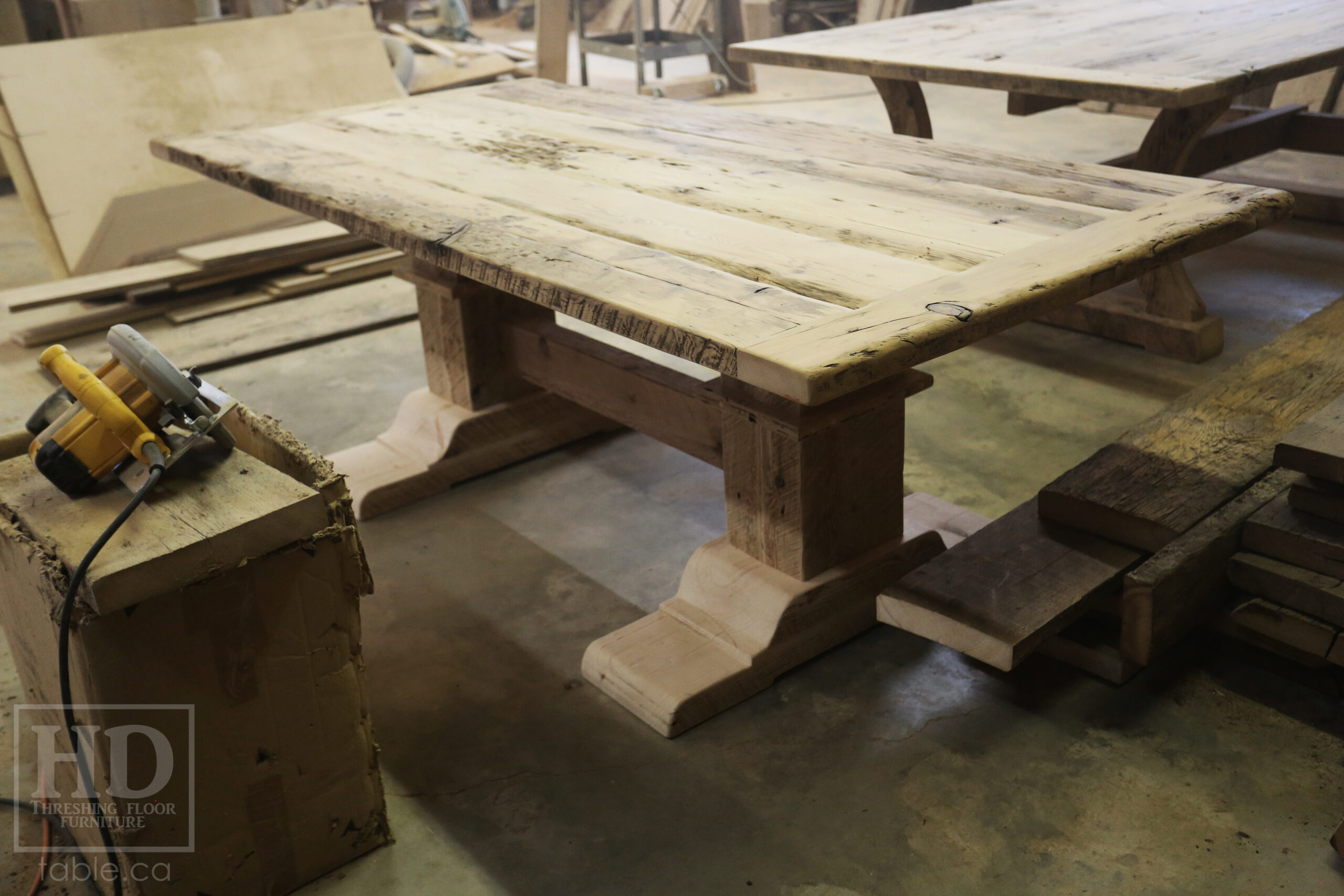 7' Ontario Barnwood Table we made for a Kitchener, Ontario home - 41" wide - Double Pedestal with Rail + Wide Feet Option - Old Growth Hemlock Threshing Floor Construction - Original edges & distressing maintained - Greytone Option - Premium epoxy + matte polyurethane finish - www.table.ca