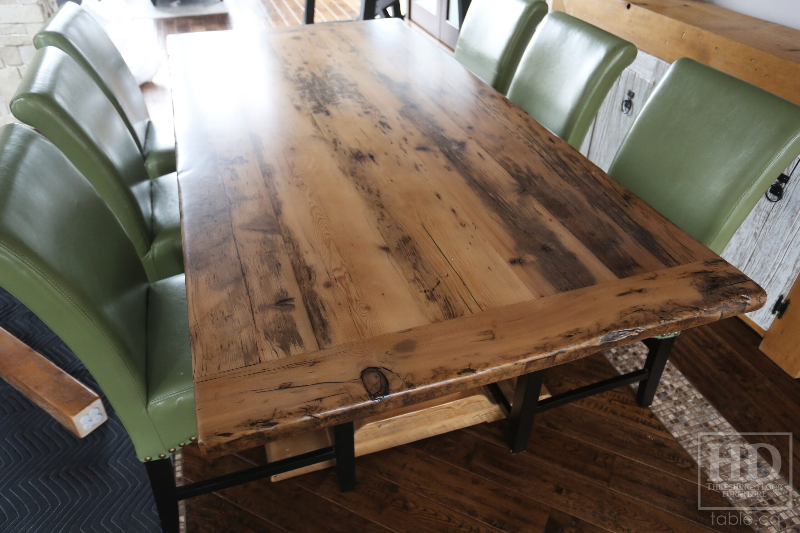 7' Ontario Barnwood Table we made for a Kitchener, Ontario home - 41" wide - Double Pedestal with Rail + Wide Feet Option - Old Growth Hemlock Threshing Floor Construction - Original edges & distressing maintained - Greytone Option - Premium epoxy + matte polyurethane finish - www.table.ca