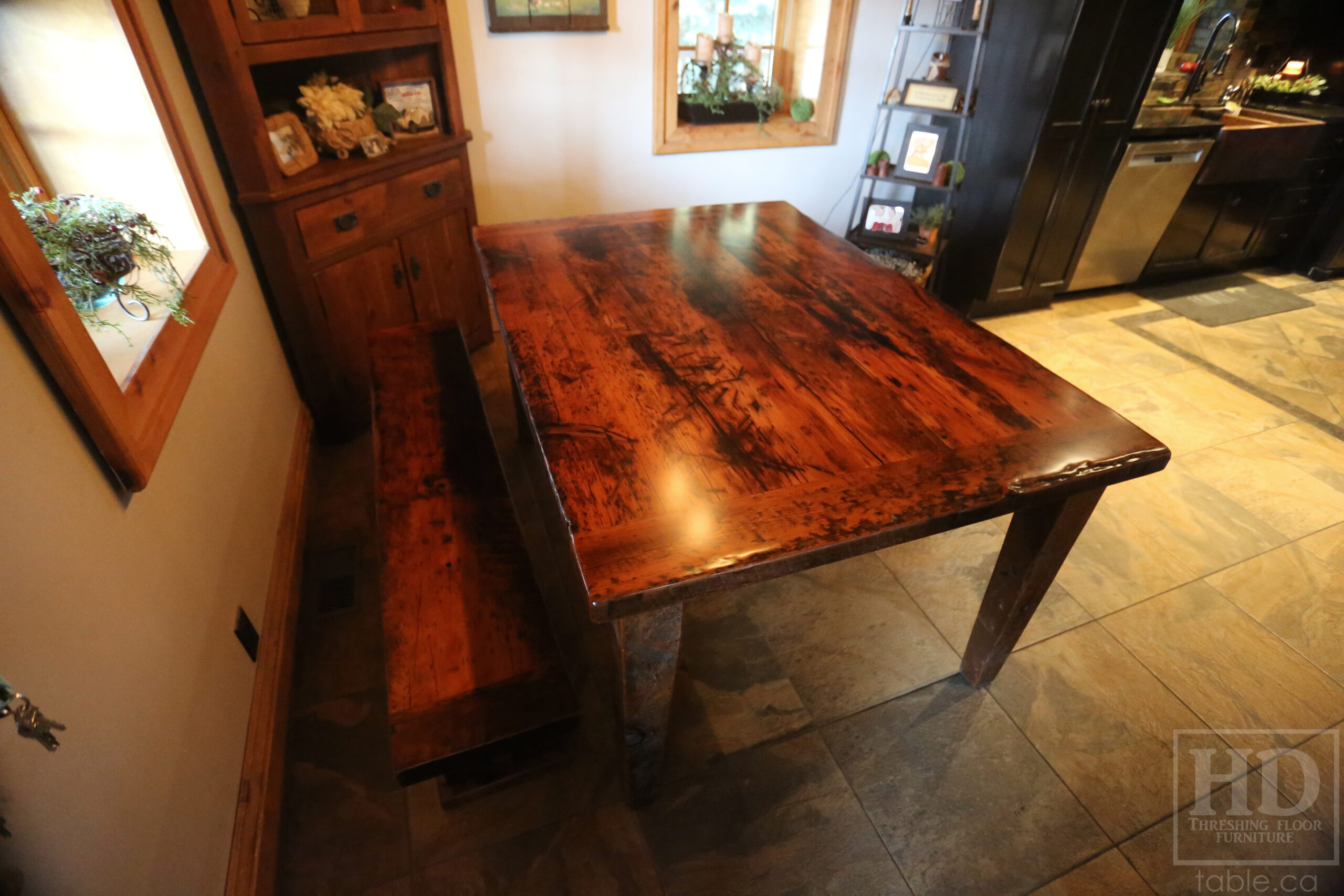 5' Reclaimed Ontario Barnwood Table we made for an Ariss, Ontario Home - 42" deep - Harvest Base: Tapered Windbrace Beam Legs - Old Growth Hemlock Threshing Floor Construction - Original edges & distressing maintained - Premium epoxy + satin polyurethane finish - 5' [matching] Bench - www.table.ca