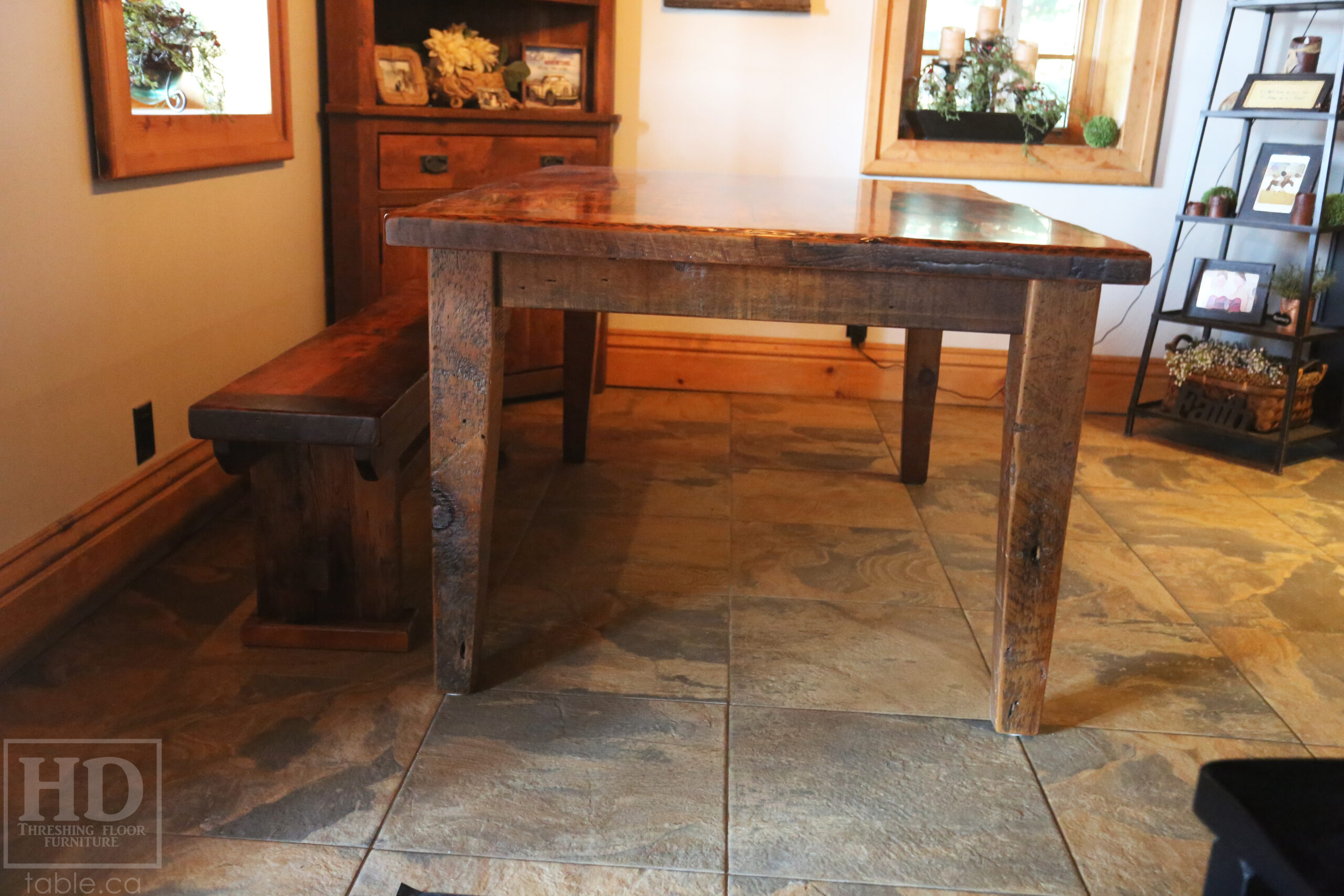 5' Reclaimed Ontario Barnwood Table we made for an Ariss, Ontario Home - 42" deep - Harvest Base: Tapered Windbrace Beam Legs - Old Growth Hemlock Threshing Floor Construction - Original edges & distressing maintained - Premium epoxy + satin polyurethane finish - 5' [matching] Bench - www.table.ca
