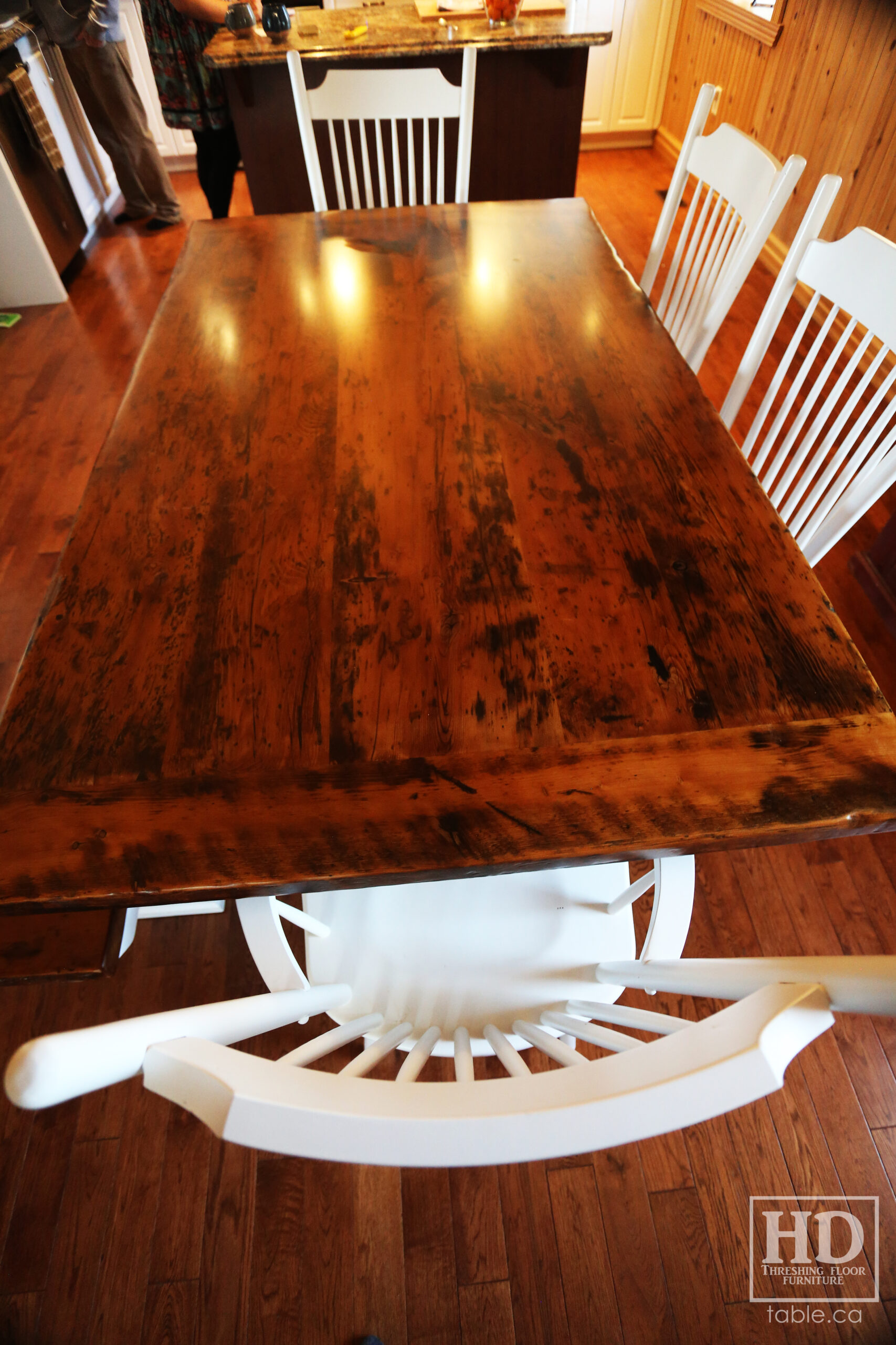 6' Reclaimed Ontario Barnwood Trestle Table we made for a Green Valley, Ontario Home - 42" deep - Trestle Base - Old Growth Hemlock Threshing Floor Construction - Original edges & distressing maintained - White painted base option - Premium epoxy + matte polyurethane finish - [Matching] 6' Bench - [4] Buckhorn Chairs - www.table.ca