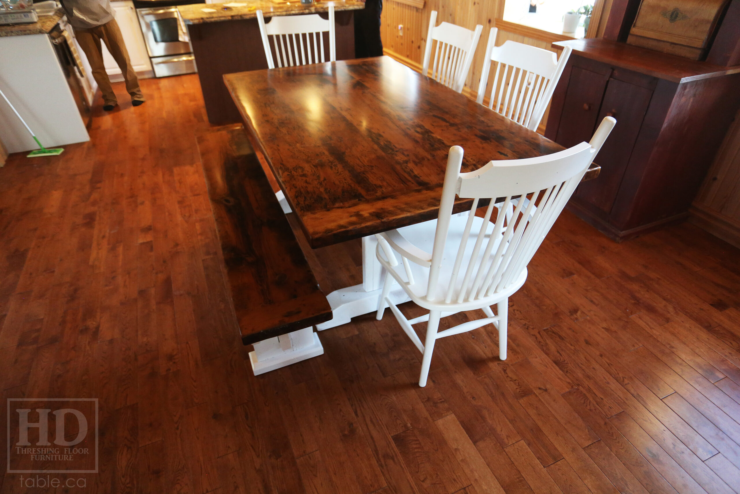 6' Reclaimed Ontario Barnwood Trestle Table we made for a Green Valley, Ontario Home - 42" deep - Trestle Base - Old Growth Hemlock Threshing Floor Construction - Original edges & distressing maintained - White painted base option - Premium epoxy + matte polyurethane finish - [Matching] 6' Bench - [4] Buckhorn Chairs - www.table.ca