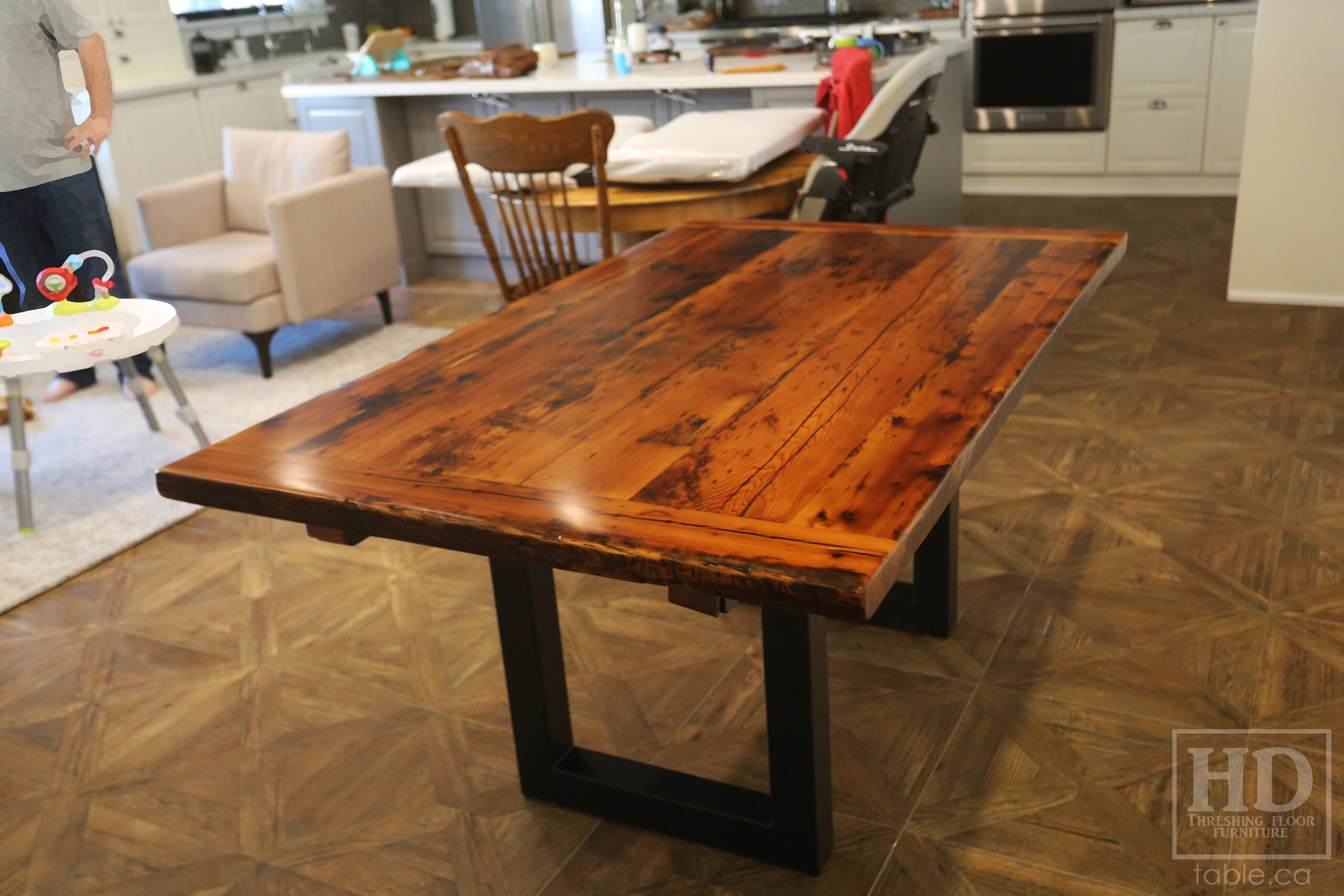 5 1/2' Reclaimed Ontario Barnwood Table we made for a Dundas, Ontario Home - 40" wide - U Shaped Matte Black Metal Base - Old Growth Hemlock Threshing Floor Construction - Original edges & distressing maintained - Premium epoxy + satin polyurethane finish - Two 18" Leaves - www.table.ca