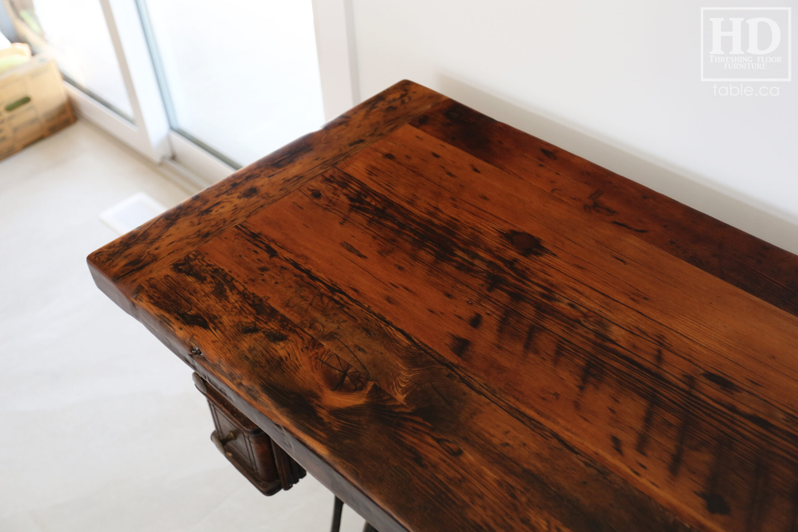 38" 3/4" x 20" Reclaimed Ontario Barnwood Top we made for a customer's antique Singer Sewing Machine base - Hemlock Threshing Floor Construction - Original edges & distressing maintained - Bread Board Ends - Premium epoxy + matte polyurethane finish / www.table.ca