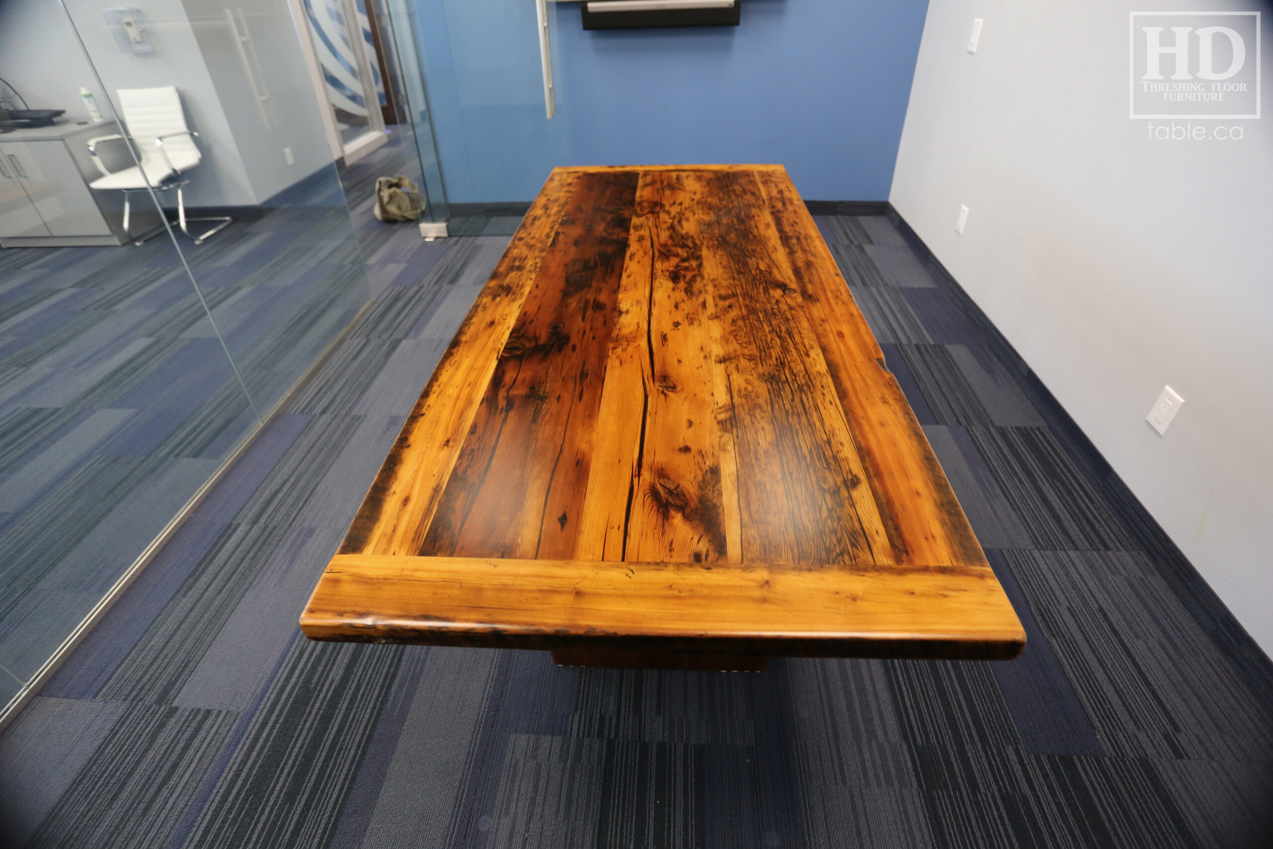 7' Ontario Barnwood Boardroom Table we made for an Orangeville Company - 36" wide - Modern Plank Base - Old Growth Hemlock Threshing Floor Construction - Original edges & distressing maintained - Premium epoxy + satin polyurethane finish  - www.table.ca
