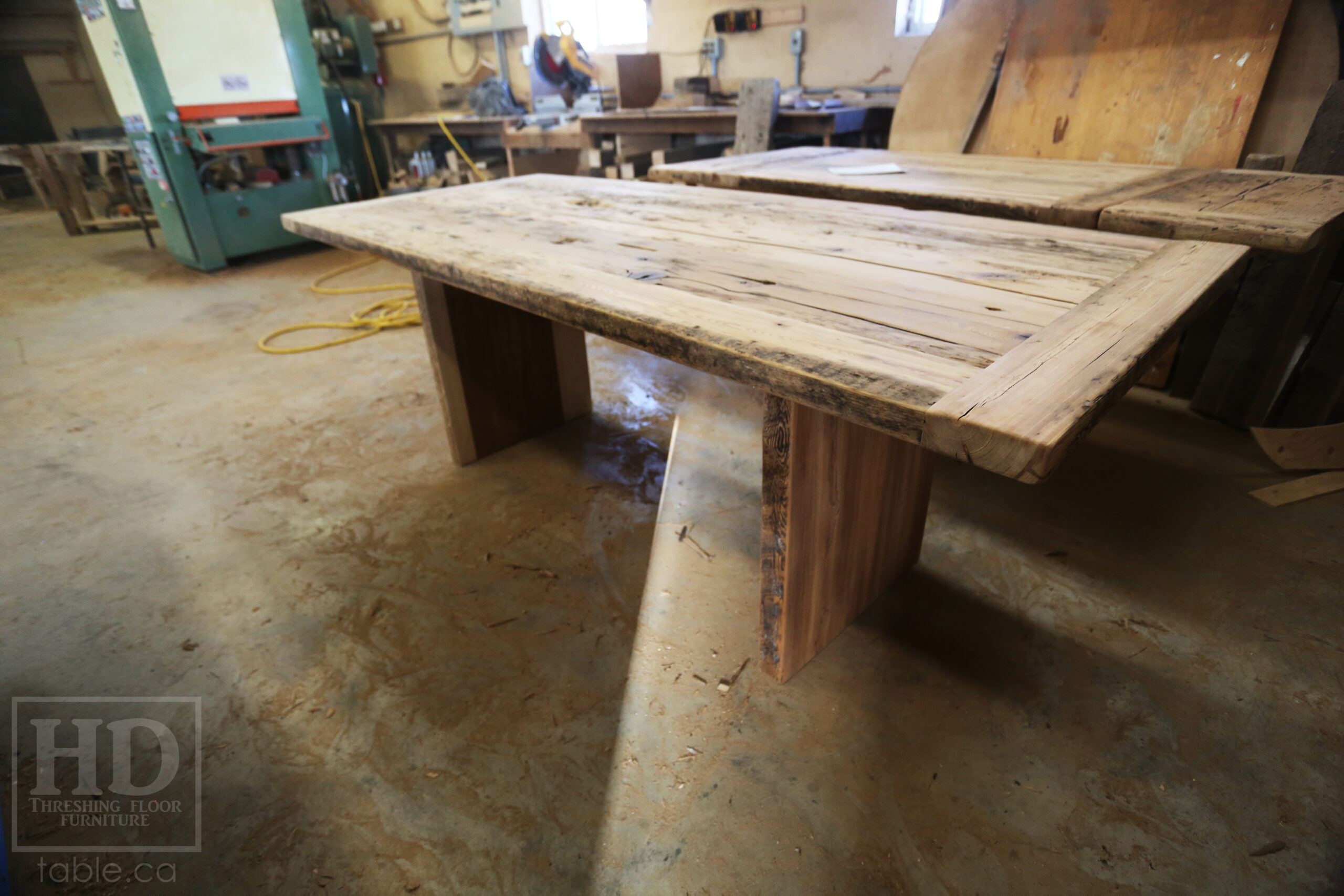 7' Ontario Barnwood Boardroom Table we made for an Orangeville Company - 36" wide - Modern Plank Base - Old Growth Hemlock Threshing Floor Construction - Original edges & distressing maintained - Premium epoxy + satin polyurethane finish  - www.table.ca