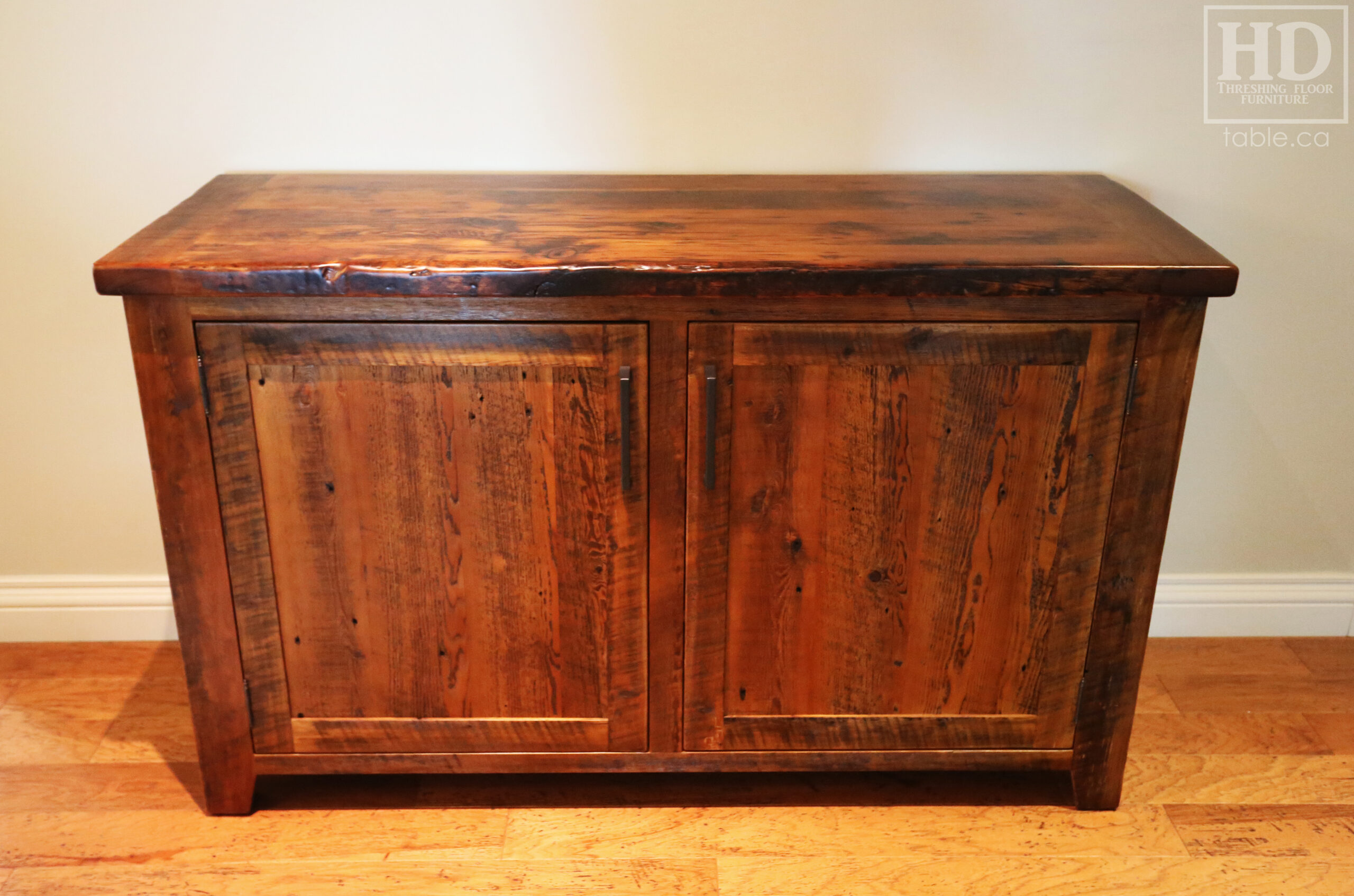 60" Reclaimed Ontario Barnwood Buffet we made for a Morpeth Home - 22" deep - 36" height – 2 Doors - Reclaimed Hemlock Threshing Floor & Grainery Board Construction - Original edges & distressing maintained - Lee Valley Hardware - Premium epoxy + satin polyurethane finish - www.table.ca 