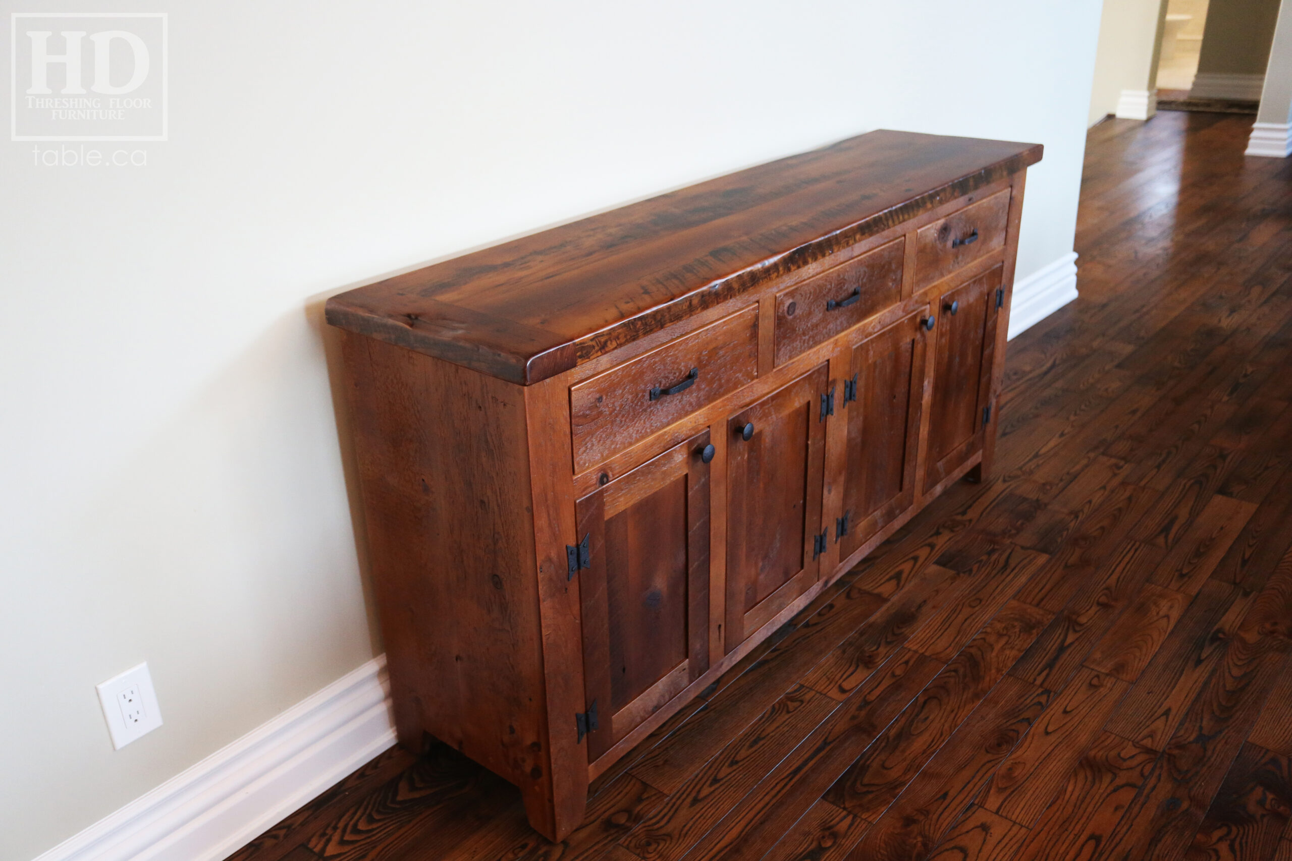 72" Ontario Barnwood Buffet we made for a St. George Home - 36" height - 18" deep - 3 Top Drawers / 4 Bottom Doors - Interior Shelving - Reclaimed Old Growth Hemlock Threshing Floor + Grainery Board Construction - Original edges + distressing maintained - Lee Valley Hardware - Premium epoxy + matte polyurethane finish - www.table.ca
