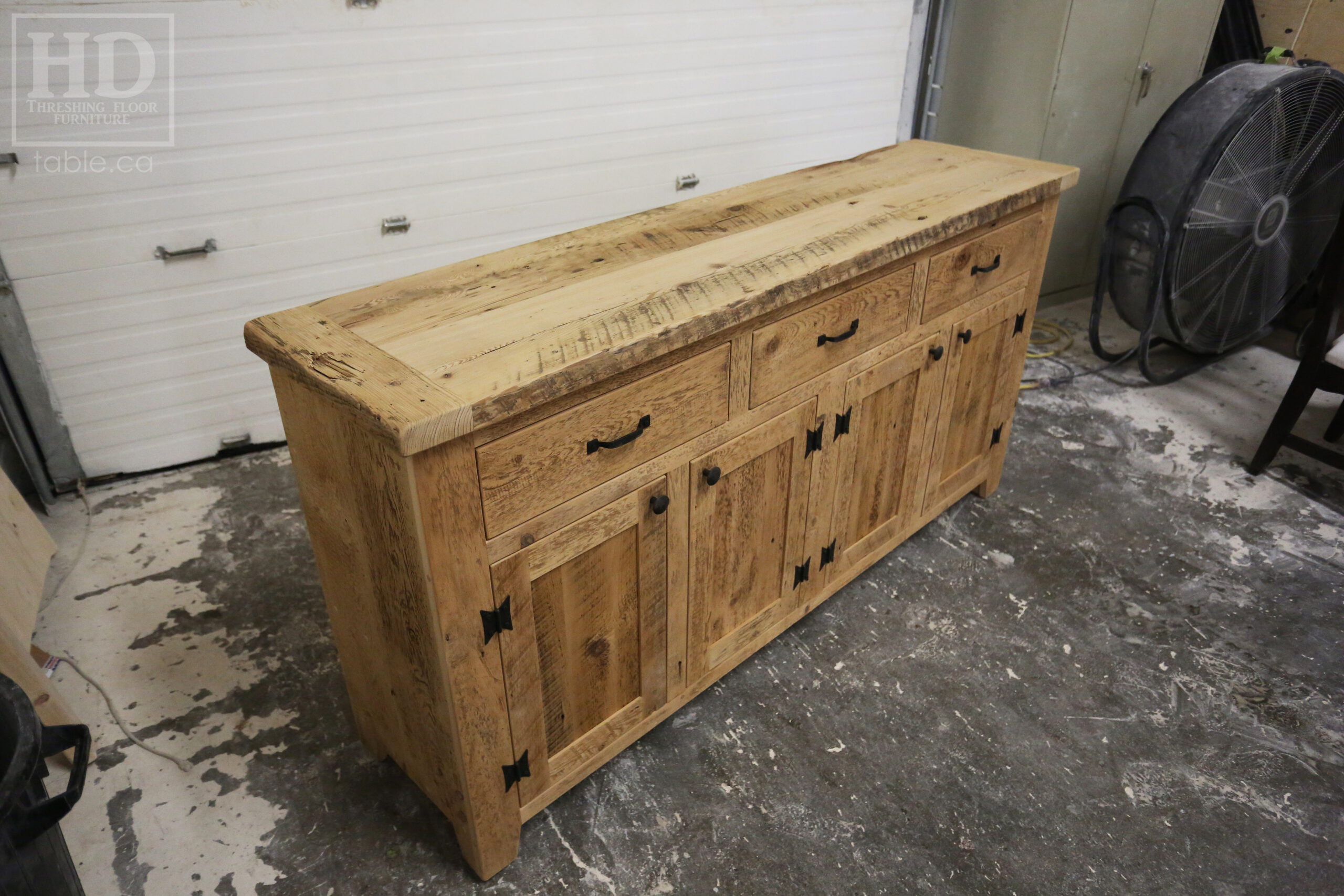 72" Ontario Barnwood Buffet we made for a St. George Home - 36" height - 18" deep - 3 Top Drawers / 4 Bottom Doors - Interior Shelving - Reclaimed Old Growth Hemlock Threshing Floor + Grainery Board Construction - Original edges + distressing maintained - Lee Valley Hardware - Premium epoxy + matte polyurethane finish - www.table.ca