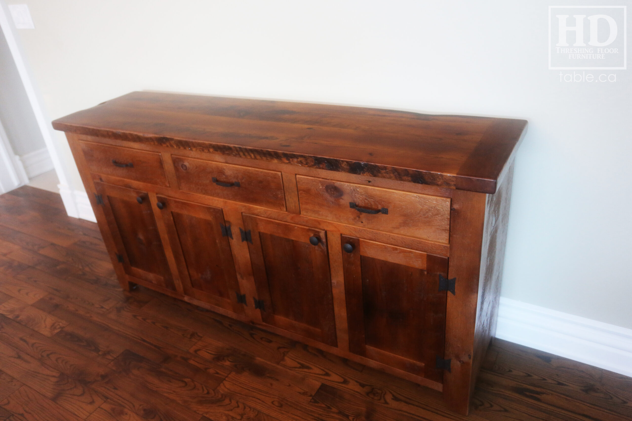 72" Ontario Barnwood Buffet we made for a St. George Home - 36" height - 18" deep - 3 Top Drawers / 4 Bottom Doors - Interior Shelving - Reclaimed Old Growth Hemlock Threshing Floor + Grainery Board Construction - Original edges + distressing maintained - Lee Valley Hardware - Premium epoxy + matte polyurethane finish - www.table.ca