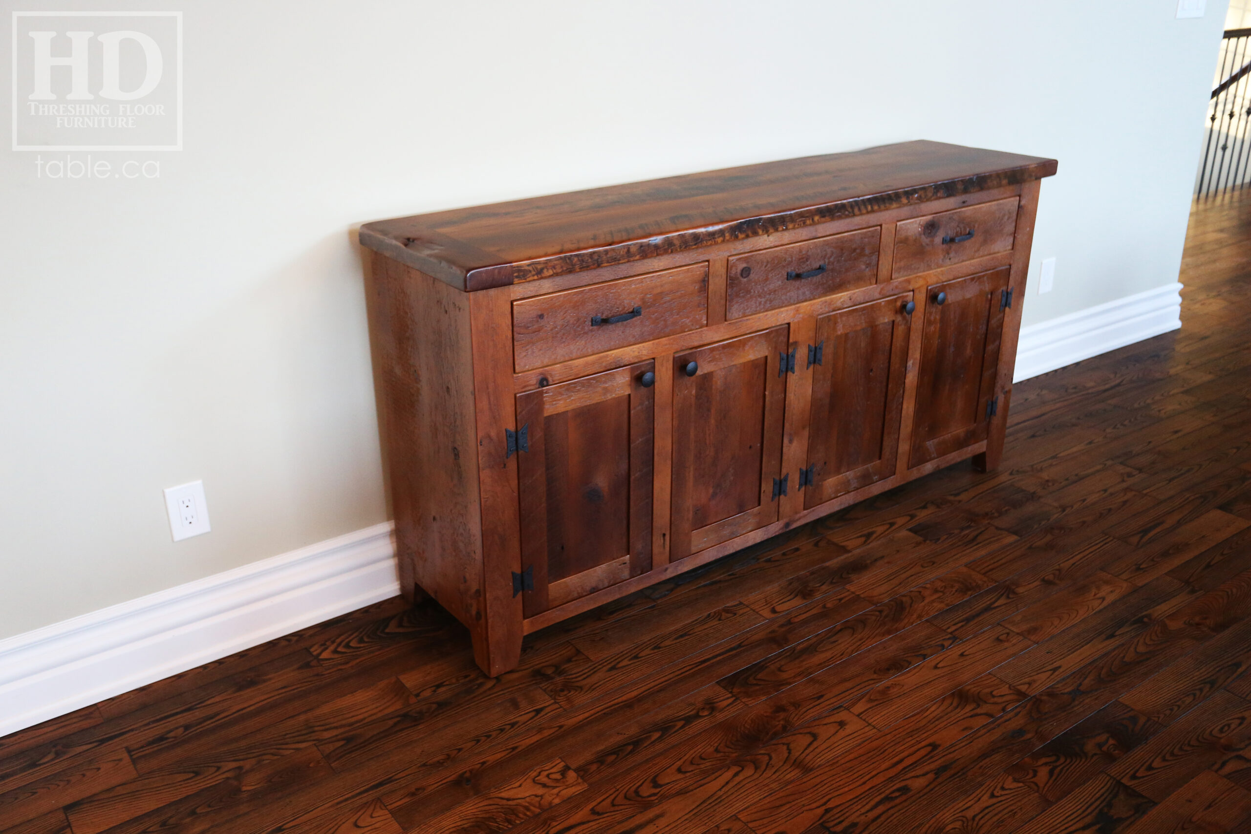 72" Ontario Barnwood Buffet we made for a St. George Home - 36" height - 18" deep - 3 Top Drawers / 4 Bottom Doors - Interior Shelving - Reclaimed Old Growth Hemlock Threshing Floor + Grainery Board Construction - Original edges + distressing maintained - Lee Valley Hardware - Premium epoxy + matte polyurethane finish - www.table.ca
