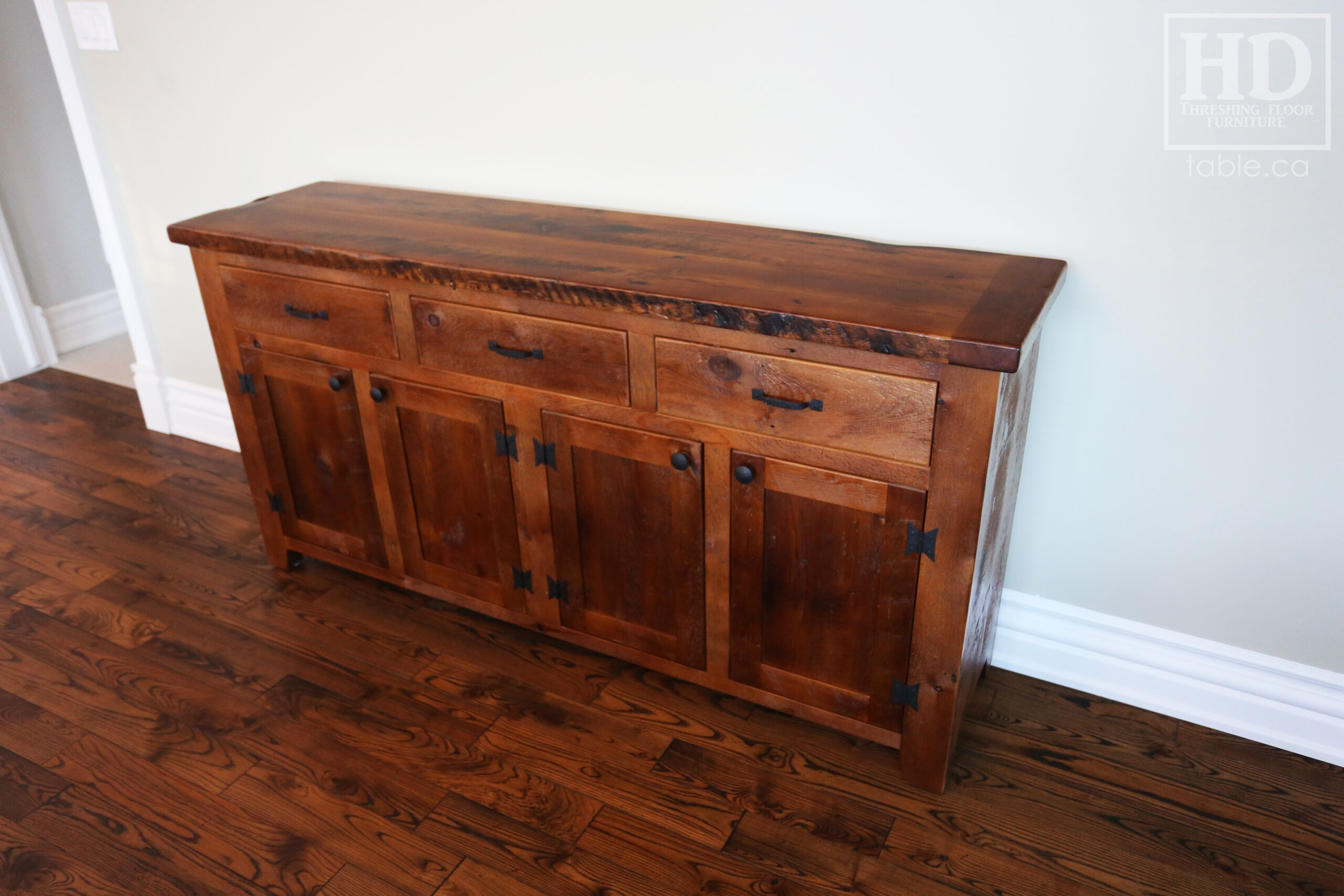 72" Ontario Barnwood Buffet we made for a St. George Home  - 36" height - 18" deep - 3 Top Drawers / 4 Bottom Doors - Interior Shelving - Reclaimed Old Growth Hemlock Threshing Floor + Grainery Board Construction - Original edges + distressing maintained - Lee Valley Hardware - Premium epoxy + matte polyurethane finish - www.table.ca