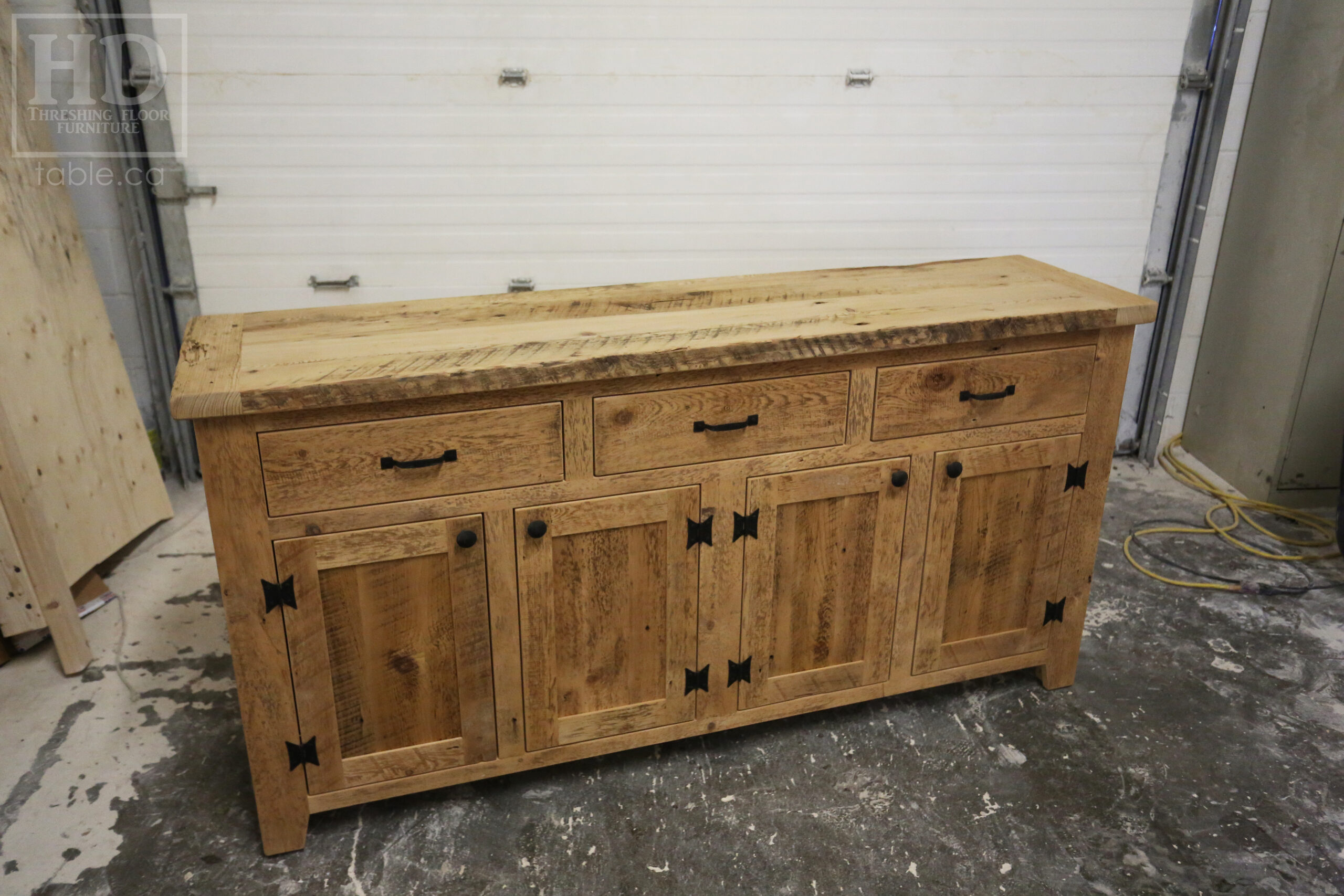 72" Ontario Barnwood Buffet we made for a St. George Home - 36" height - 18" deep - 3 Top Drawers / 4 Bottom Doors - Interior Shelving - Reclaimed Old Growth Hemlock Threshing Floor + Grainery Board Construction - Original edges + distressing maintained - Lee Valley Hardware - Premium epoxy + matte polyurethane finish - www.table.ca