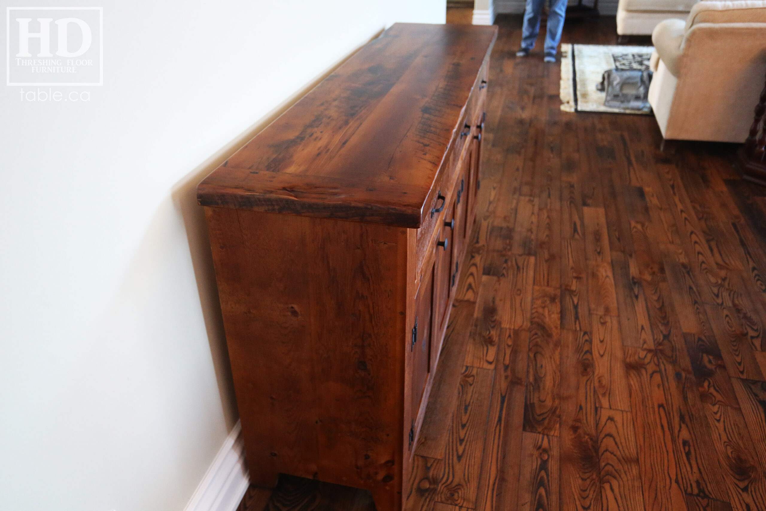 72" Ontario Barnwood Buffet we made for a St. George Home  - 36" height - 18" deep - 3 Top Drawers / 4 Bottom Doors - Interior Shelving - Reclaimed Old Growth Hemlock Threshing Floor + Grainery Board Construction - Original edges + distressing maintained - Lee Valley Hardware - Premium epoxy + matte polyurethane finish - www.table.ca